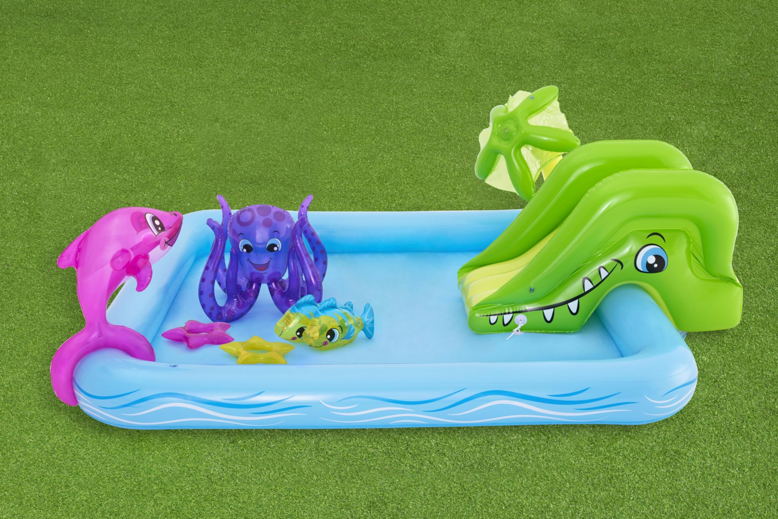 The Bestway Fantastic Aquarium Play Center featuring playful sea creature inflatables and a removable slide.