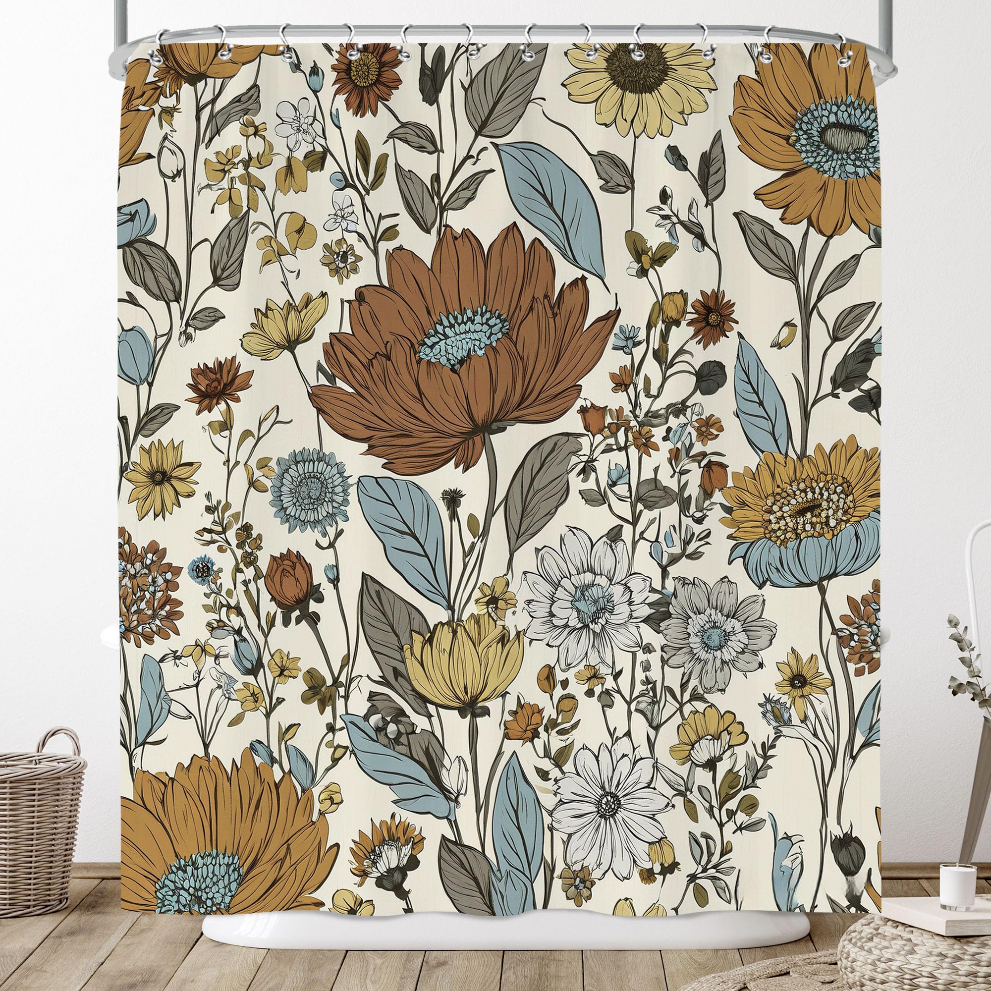 Pakena Boho Floral Shower Curtain, Vintage Bohemian Flower Botanical Leaves Shower Curtain for Bathroom Retro Rustic Watercolor Plant Bath Decorative