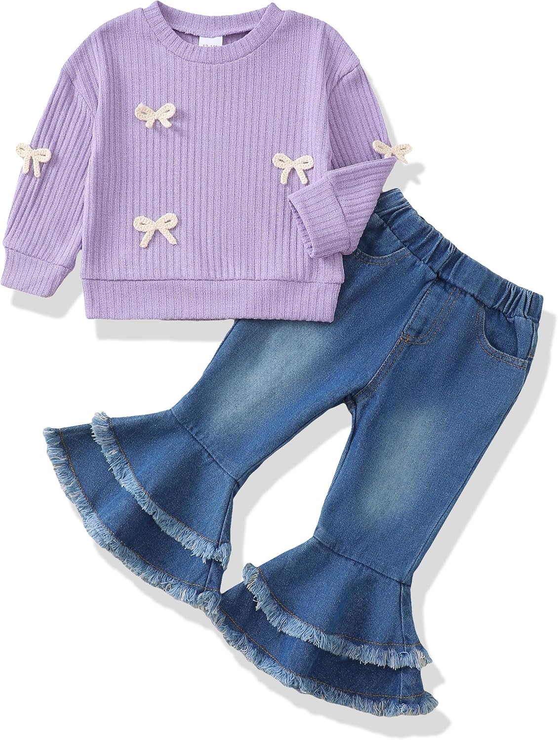 Renotemy Toddler Baby Girl Clothes Fall Winter Outfit, Bow Sweatshirt Denim Bell Bottom Jeans Outfits for 1-5 Year Girls