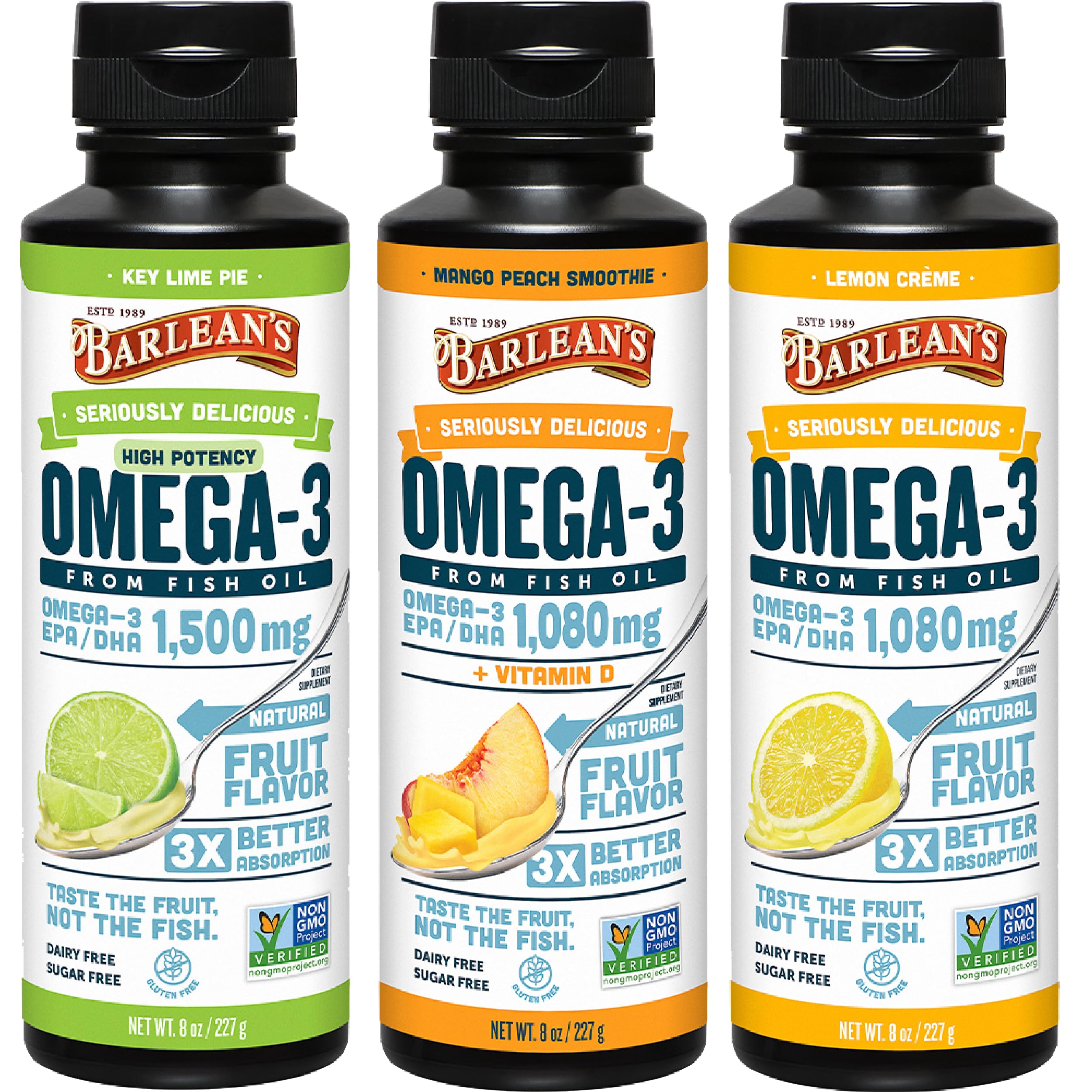 Barlean's Omega-3 Fish Oil Liquid, 1500mg EPA & DHA, Variety Pack, 8oz Variety Pack 8 Fl Oz (Pack of 3)