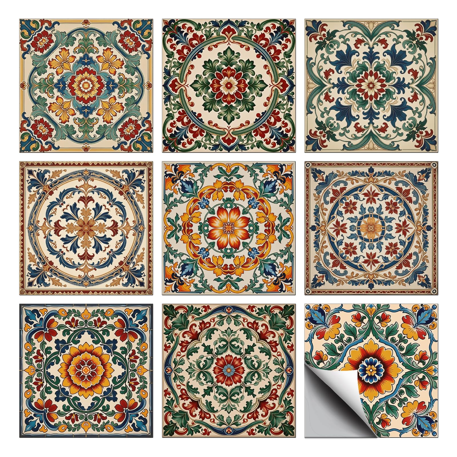 CONCHLERY 36 Pcs 9 Styles Red Green Retro Flowers Tile 4x4 Inch — image 1