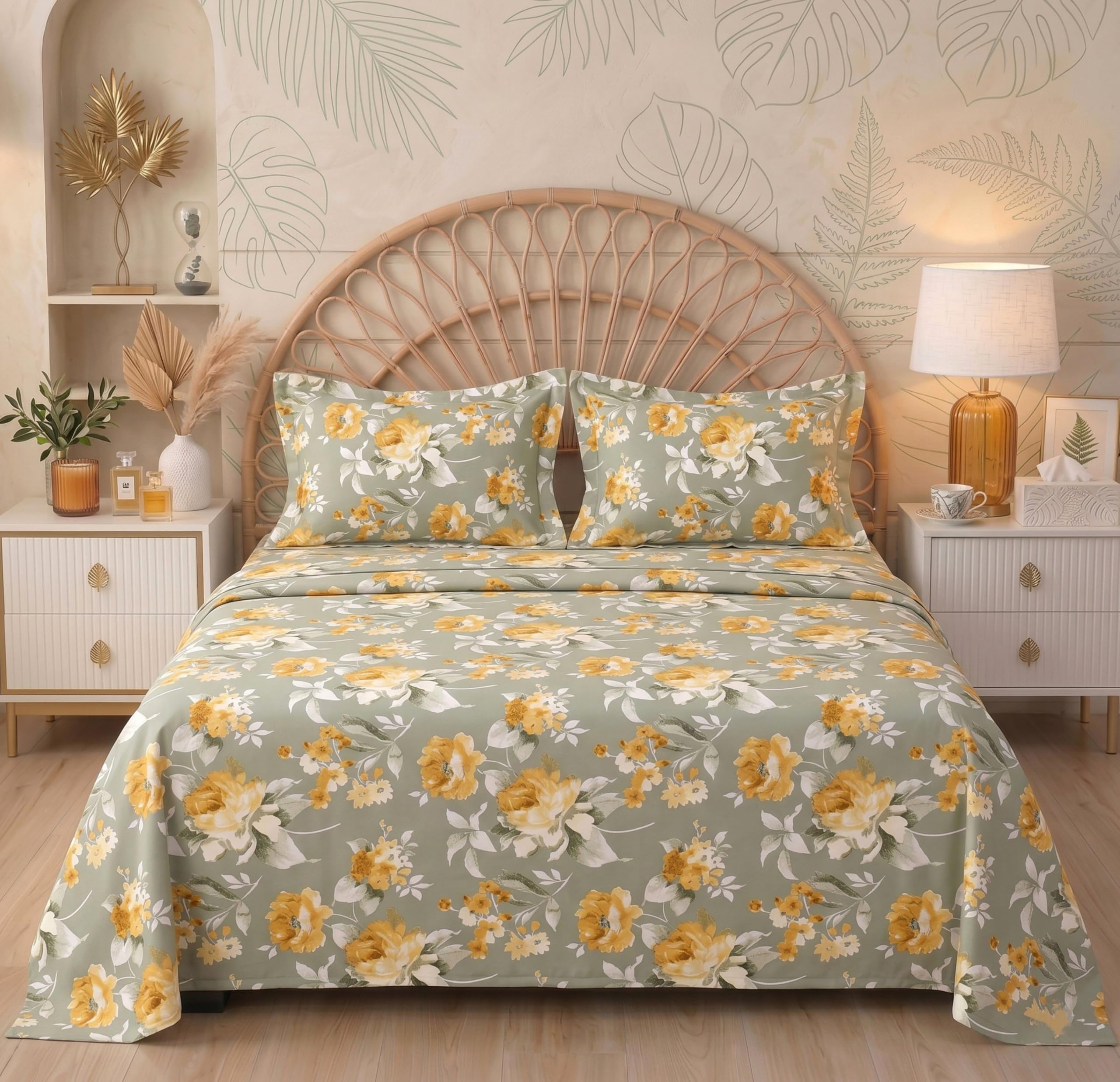 VAS COLLECTIONS Floral Printed King Size Cotton Bedsheet with 2 Pillow Covers | Luxury Double Bed Bedding Set 86x88 Inches | Ultra Soft, Breathable & Wrinkle Resistant (Sage Green)-picture-36
