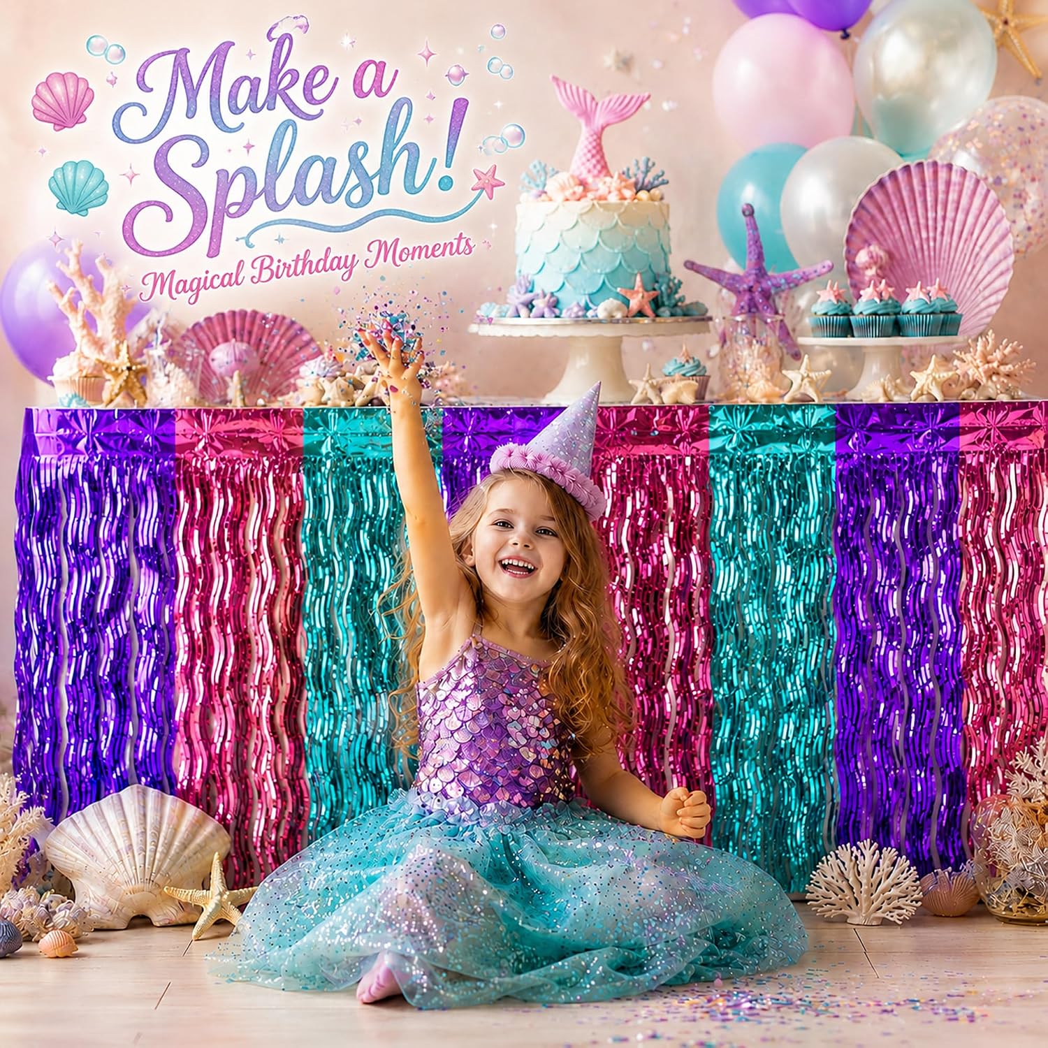 Purple Blue Pink Foil Fringe Table Skirt, 2-Pack Metallic Tinsel, 29x108 In