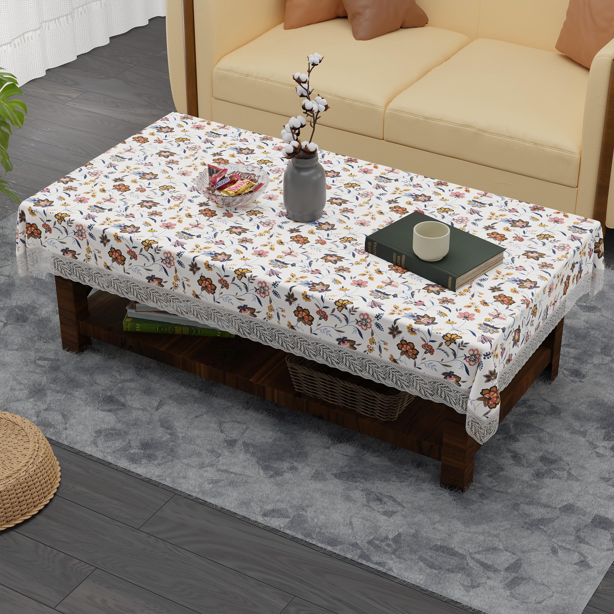 Kuber Industries 40x60 Inch Waterproof PVC Table Cover – Table Protector for 4-Seater | Heat-Resistant, Scratch-Proof, Easy to Clean Tablecloth for Center or Dining | Barik Flower - Cream