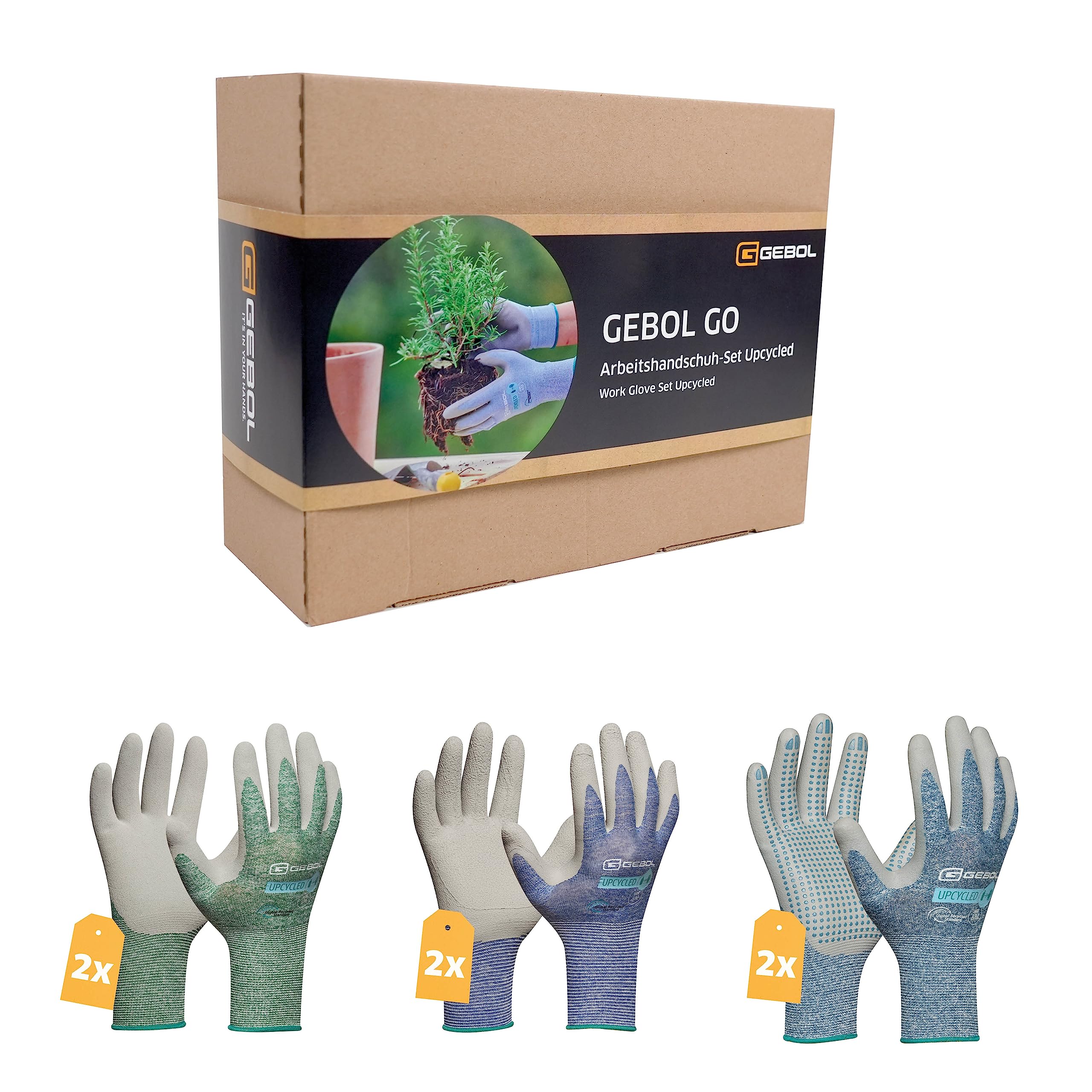 Gebol GO Upcycled Work Gloves Set | Size XL (Size 10) | Sustainable rePET Gloves Made from Recycled Plastic Bottles with Natural Rubber Coating | For Men | 6 Pairs