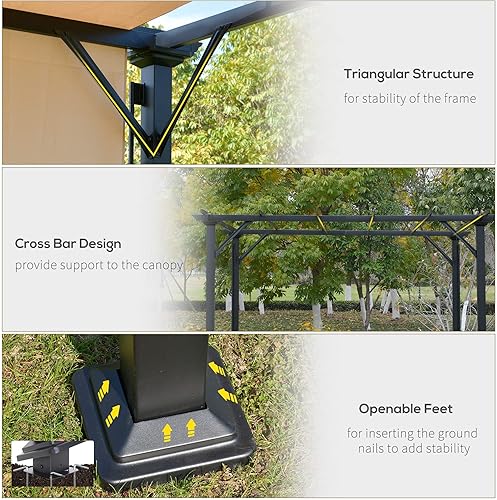 Miniatura 4 de Outsunny Toldo retráctil para pérgola de 10 x 10 pies para exteriores con sombra solar, diseño único, refugio de metal para jardín, porche, playa