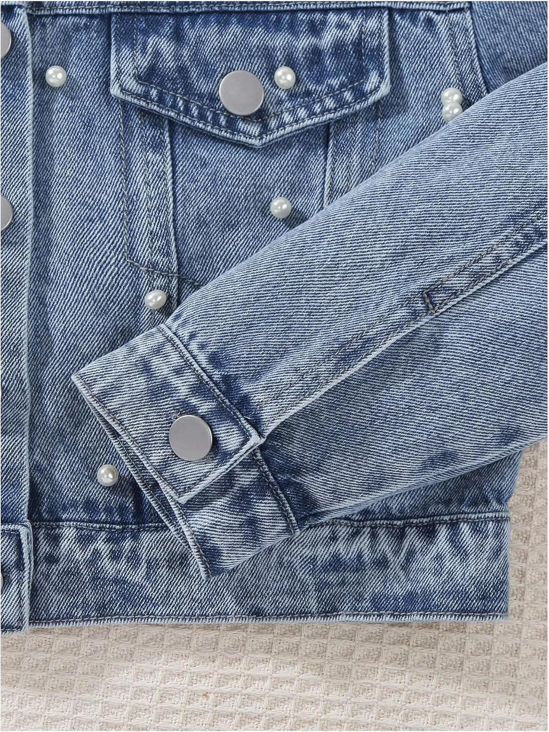 MakeMeChic Girl's Pearl Denim Jacket Button Down Long Sleeve Cute Jean Coat Streetwear