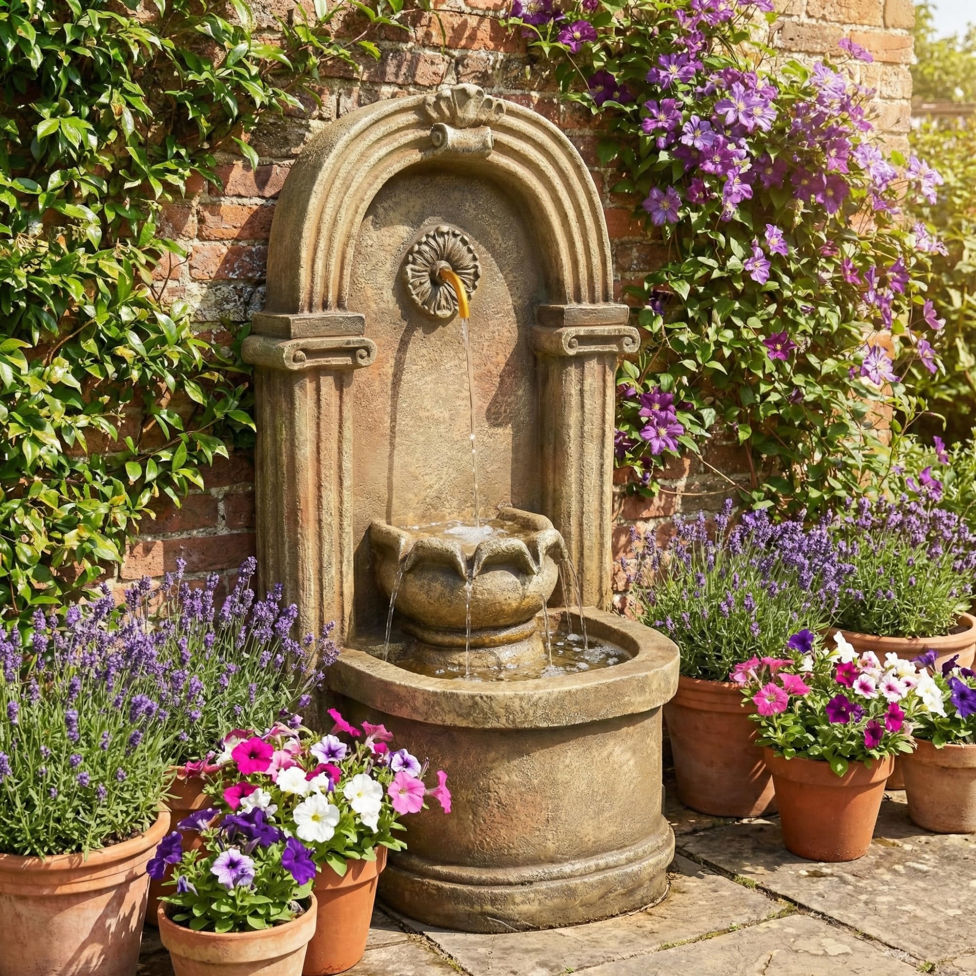 Fontana da giardino, fontana decorativa, stile antico, 230 V, gioco d'acqua per giardino, laghetto da giardino, terrazza, balcone, rubinetto, bacino, in piedi, design ad arco (marrone-1)