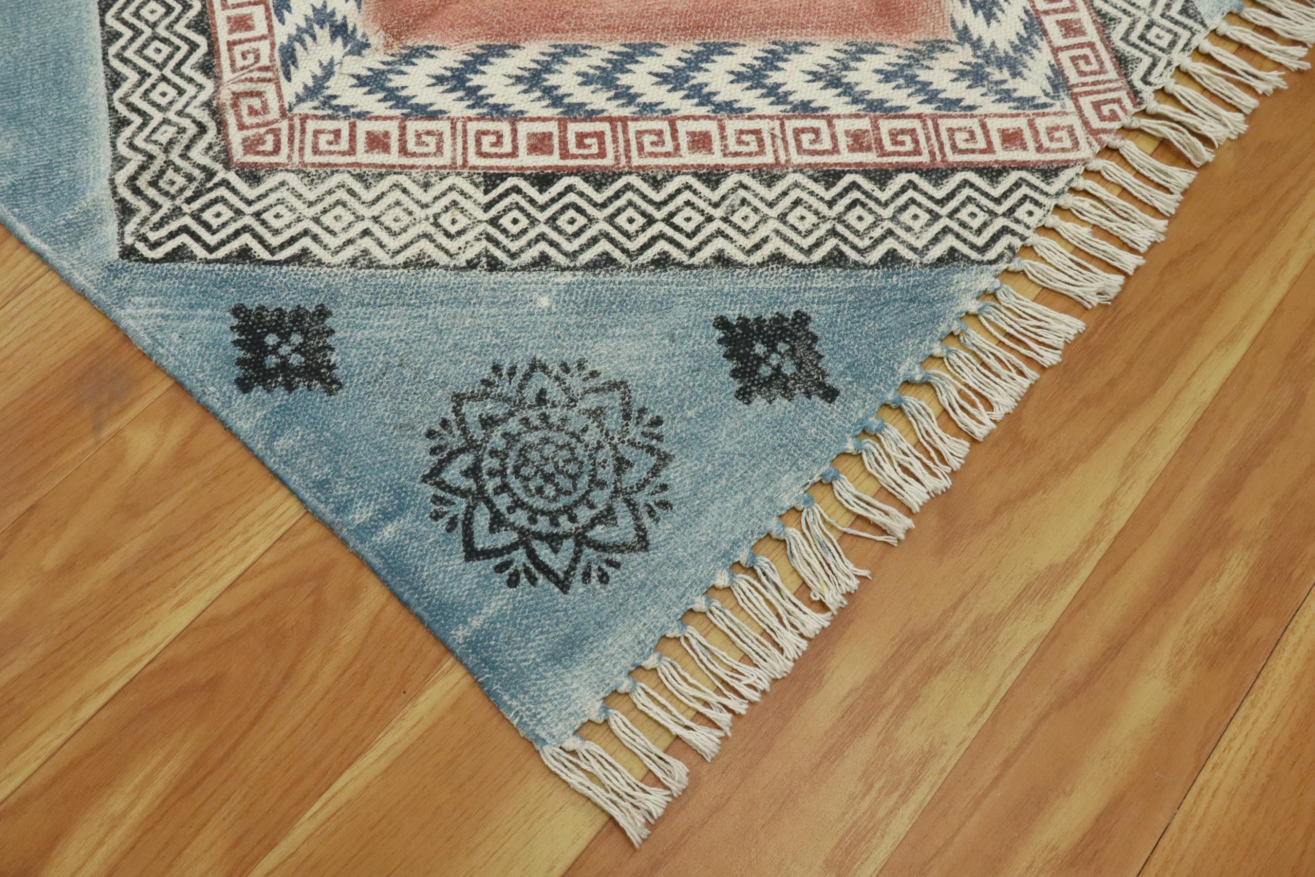 Kelim Läufer, 6,6 x 50,8 cm, handbedruckter Baumwoll-Läufer, für drinnen und draußen, waschbar, dick, 0,5 cm, Handwäsche, Schwarz und mehrfarbig, Flachgewebe, Teppiche für Flur,
