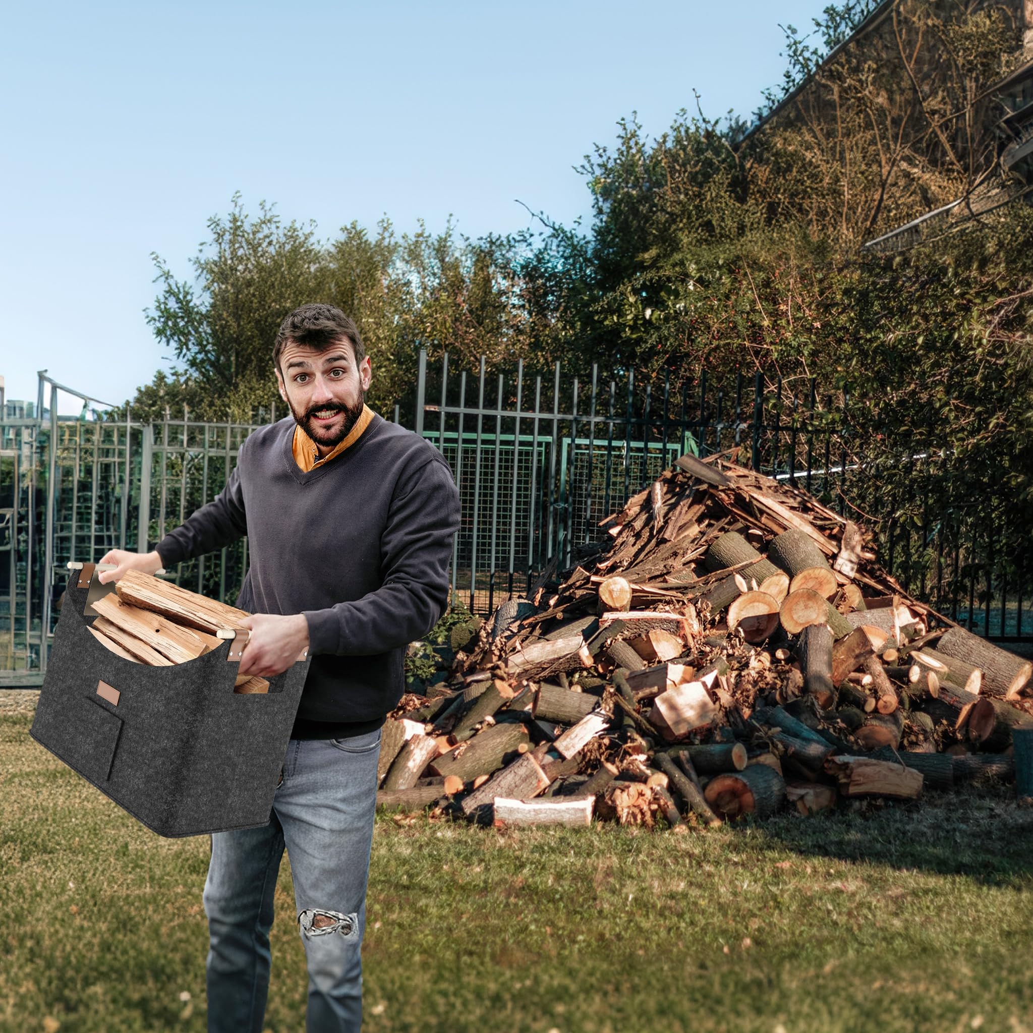 YRHome Lot de 2 paniers à bois de chauffage extra épais - Grand panier à bois de chauffage - Panier en feutre pour bois de chauffage - Cheminée avec poignées en bois - Jusqu'à 40 kg - 50 x 32 x 40 cm