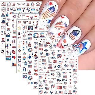 8Sheets 4th of July Nail Art Stickers American Independence Day Nail Design Decals,3D Self-Adhesive Nail Decals Balloon Heart Designs American Flag Nail Decorations for Women Girls Manicure Stickers