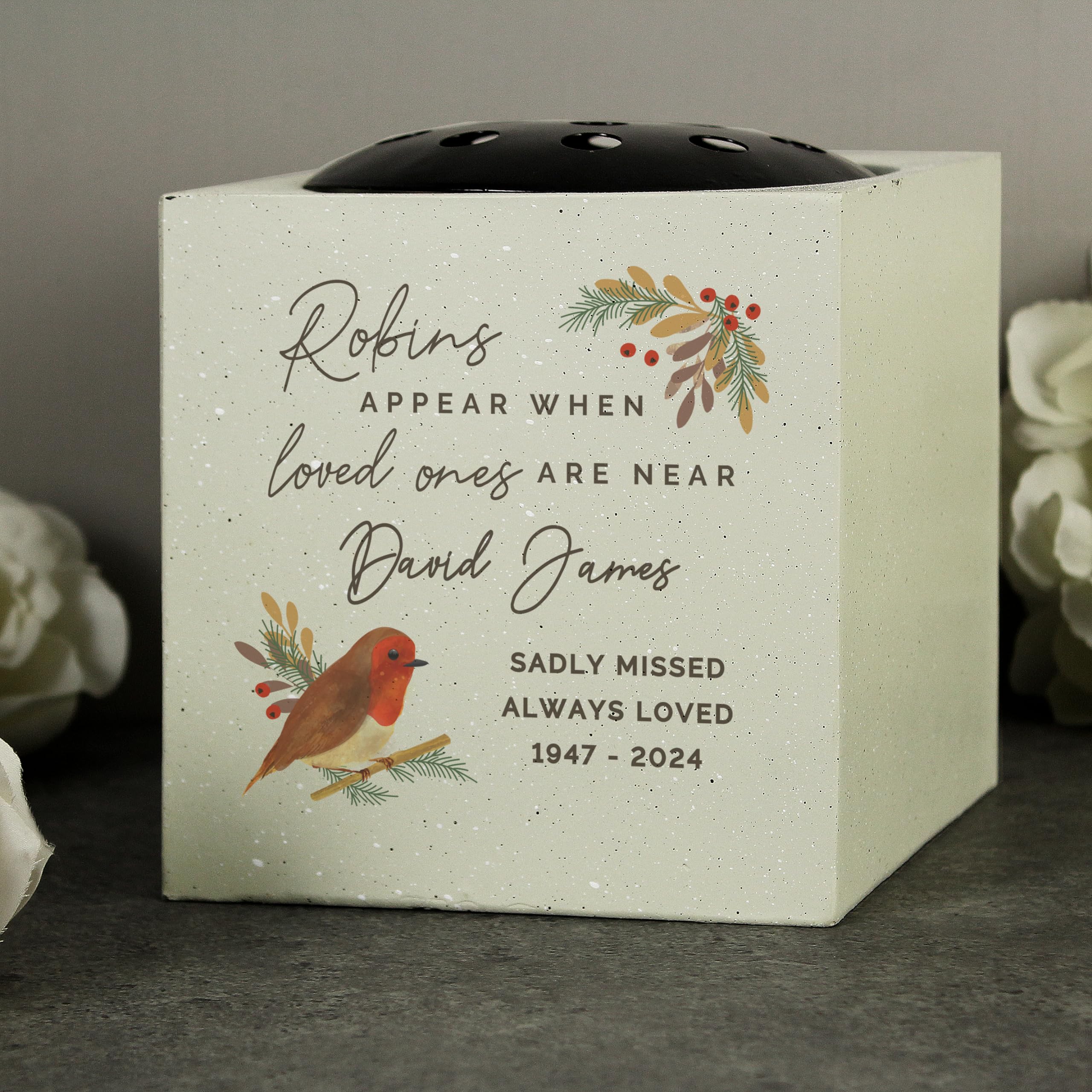 Personalised Memento Red Custom Personalised Robins Appear Memorial Christmas Graveside Flower Holder Vase Rose Bowl Engraved With Custom Message