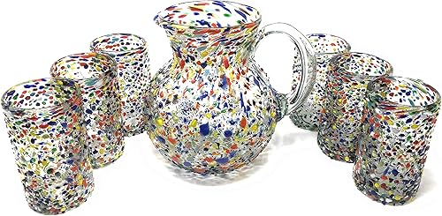 Juego de vasos mexicanos de vidrio soplado a mano, incluye jarra de 84 onzas y 6 vasos soplados (14 onzas), diseño de roca de confeti