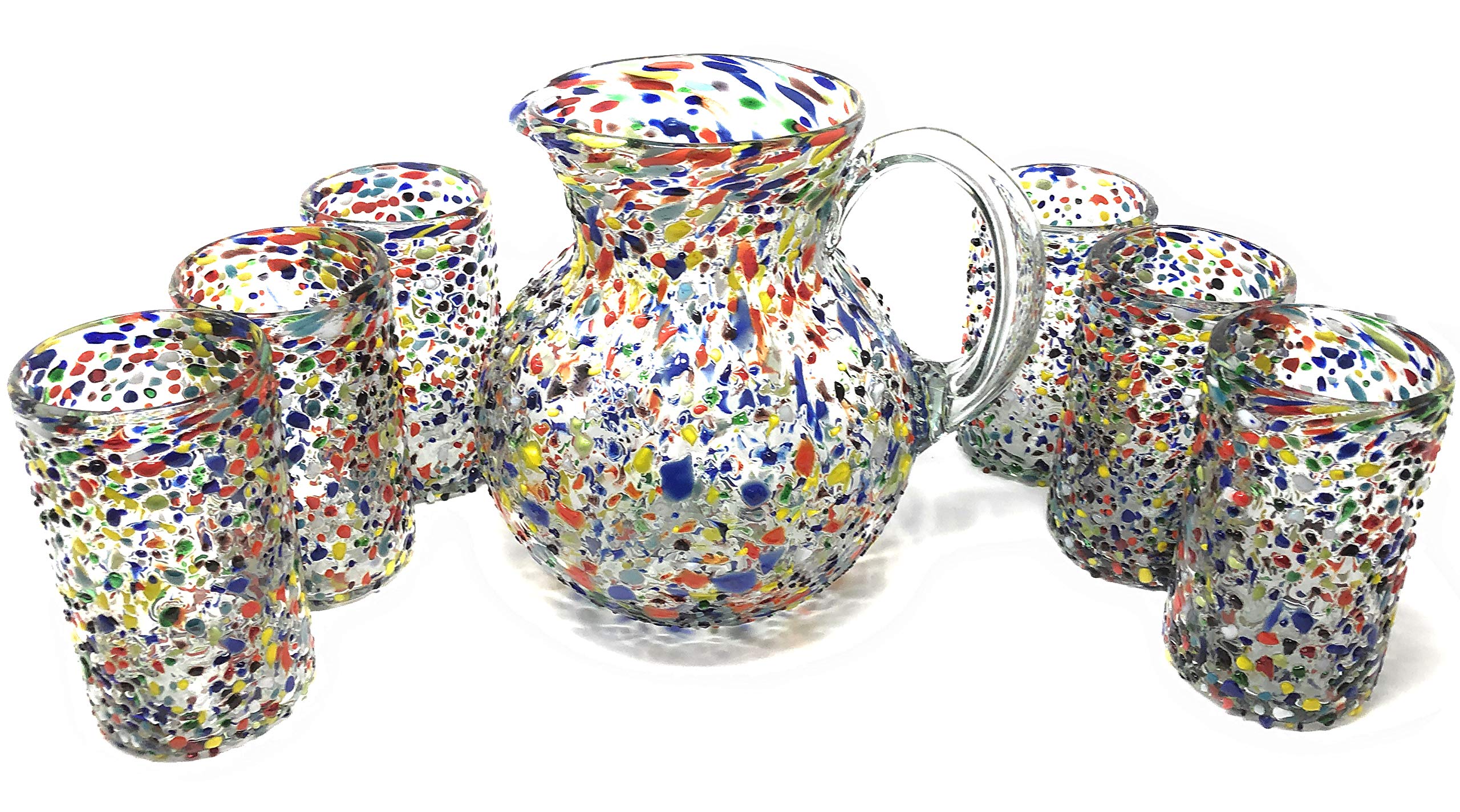 Mexican Hand Blown Glass Drinkware Set - Includes 84oz Pitcher and 6 Blown Drinking Glasses 14oz Confetti Rock