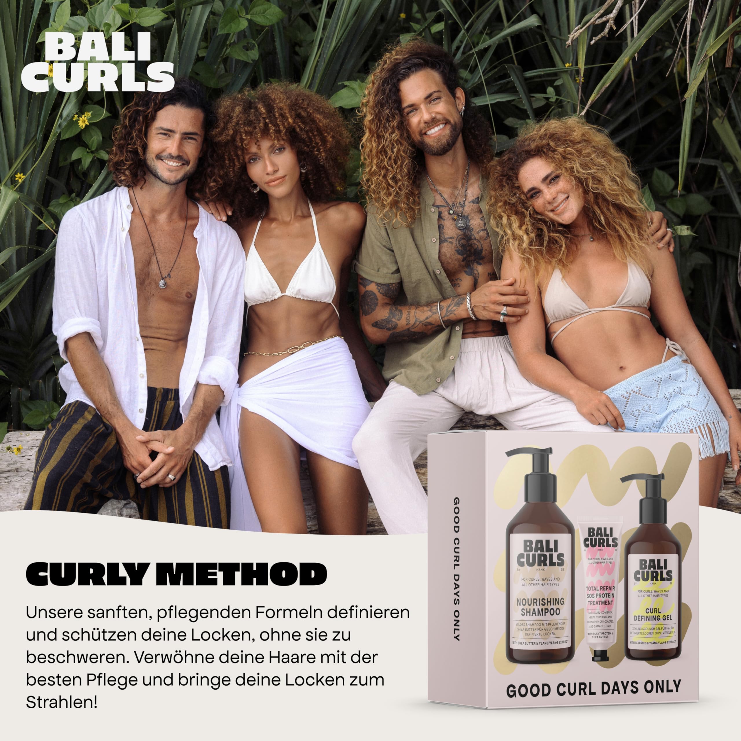 BALI CURLS Set – Nourishing Shampoo (250 ml), Curl Defining Gel (150 ml) & SOS Protein Treatment (20 ml) – Pflegeset für gepflegte, kräftige & definierte Locken