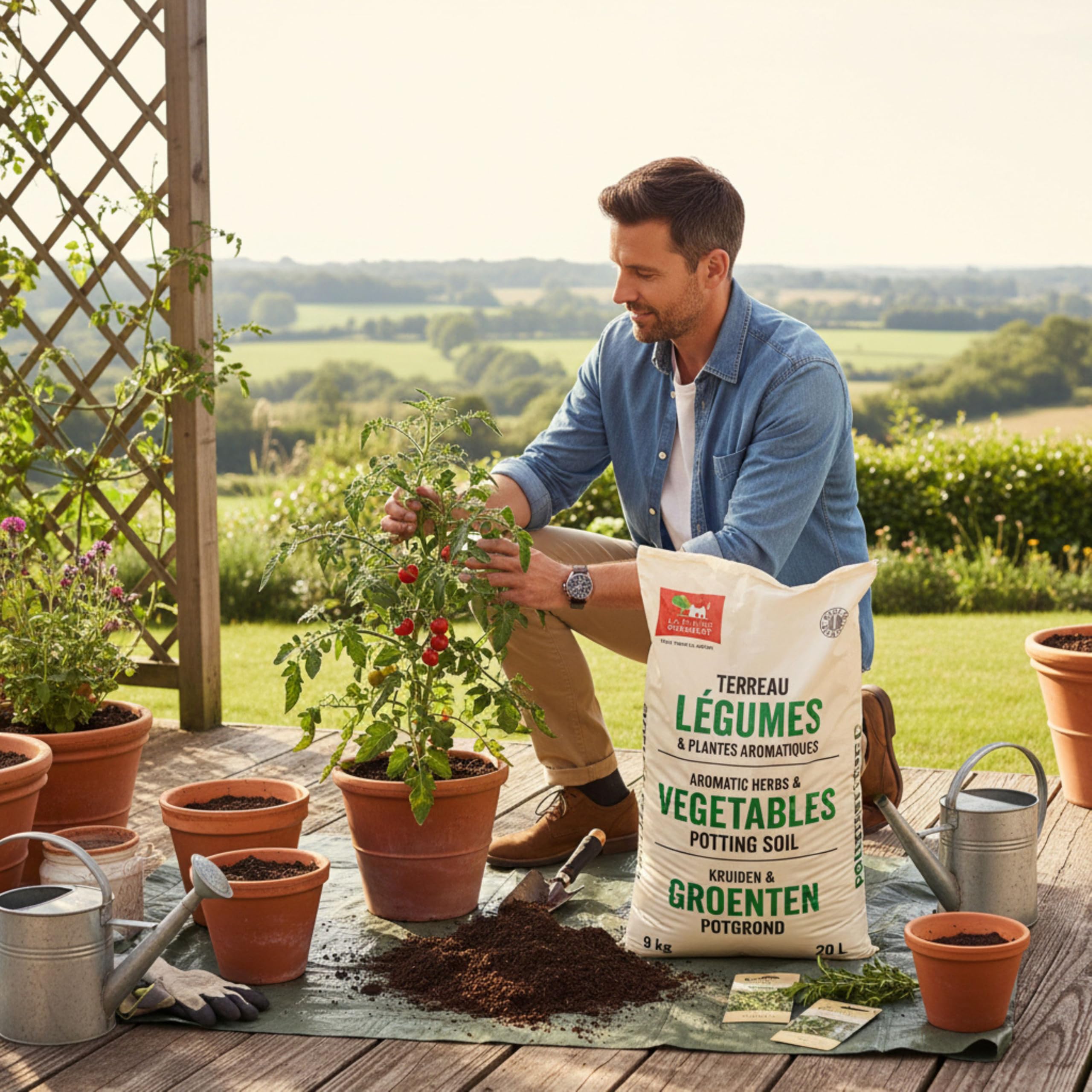 La Plaine Chassart - Terreau Potager et Aromates 20L - Terre Riche en Nutriments avec Tourbe, Biochar & Compost - Idéal Tous Légumes, Herbes - Prêt à l'emploi ou Remboursé