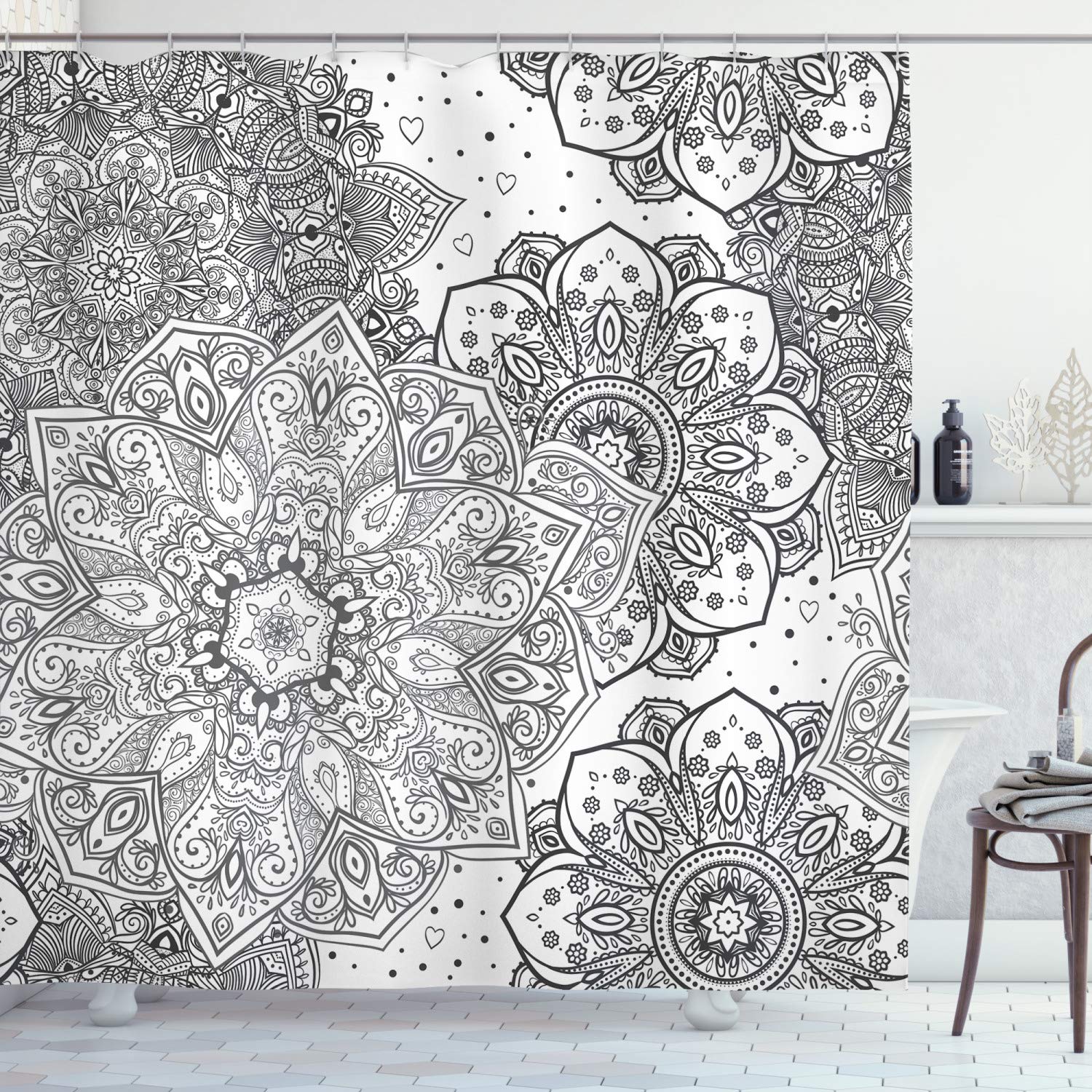 ABAKUHAUS Mandala Shower Curtain, Eastern Lace Floral Illustration with Moroccan Effects and Folkloric Feels