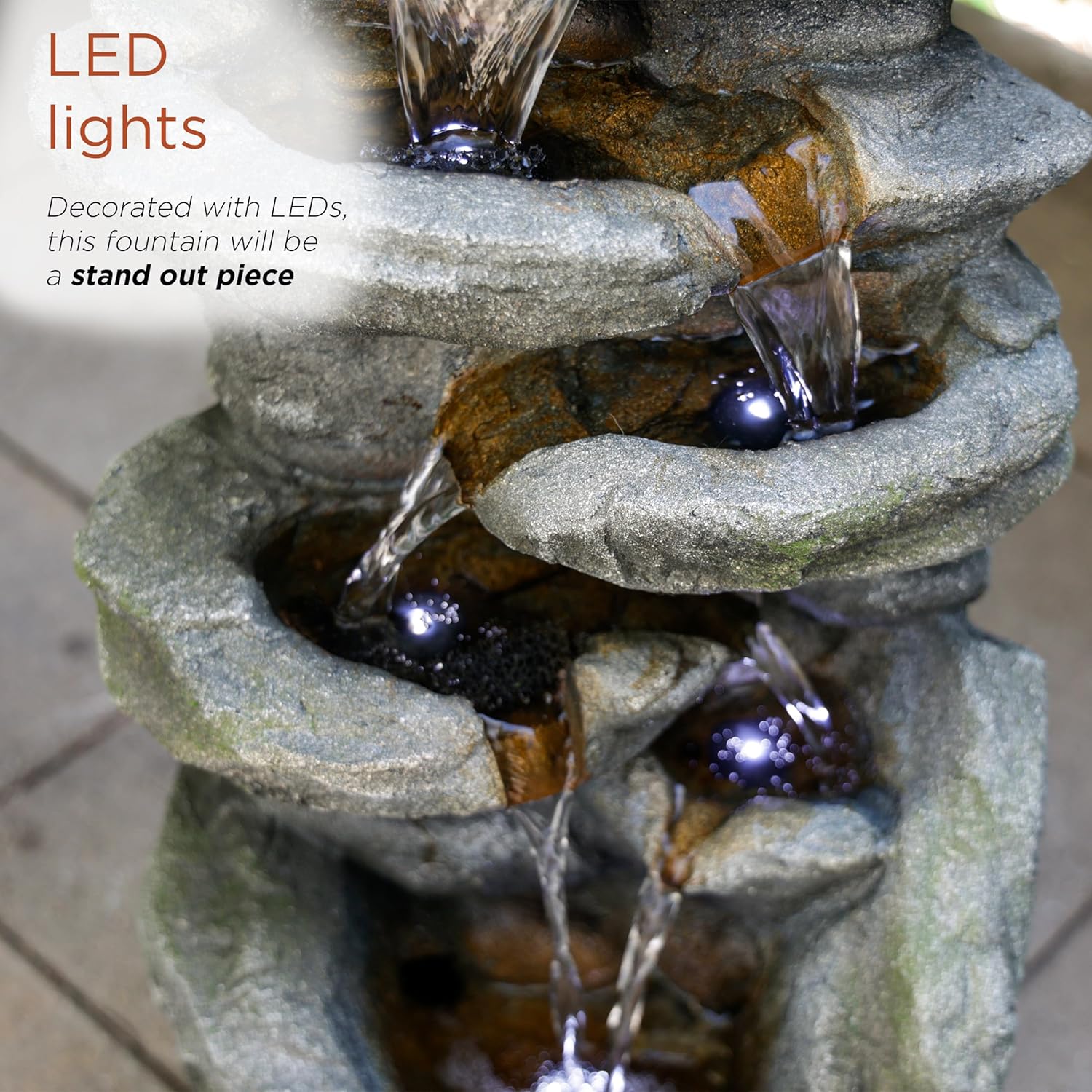 Alpine Corporation 24" H Outdoor Waterfall Floor Fountain with White LED Lights, Gray