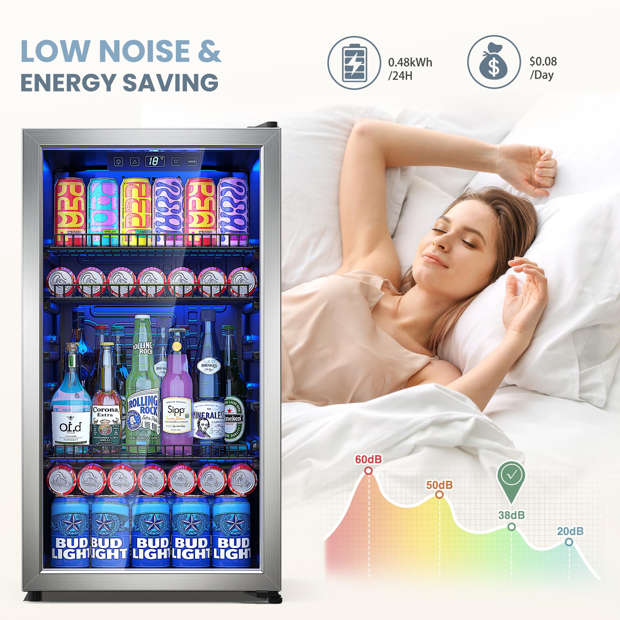Manastin Beverage Refrigerator Cooler-Mini Fridge Freestanding Cooler With Glass Door, Adjustable Shelves & Digital Temperature Display For Soda, Wine Or Beer (Silver, 3.2 Cu.Ft) on Fridge.com - View 5