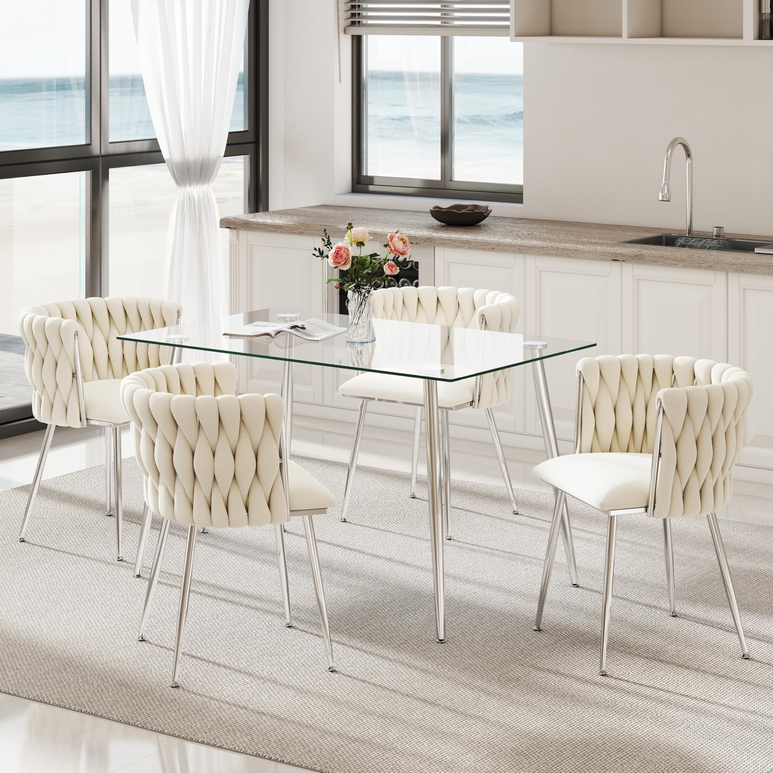 HAIZAO Silver Glass Dining Room Table Set for 4, 51'' Modern Luxury Rectangular Dinner Table Set, 5 PCS Clear Glass Top Minimalist Kitchen Table Set,