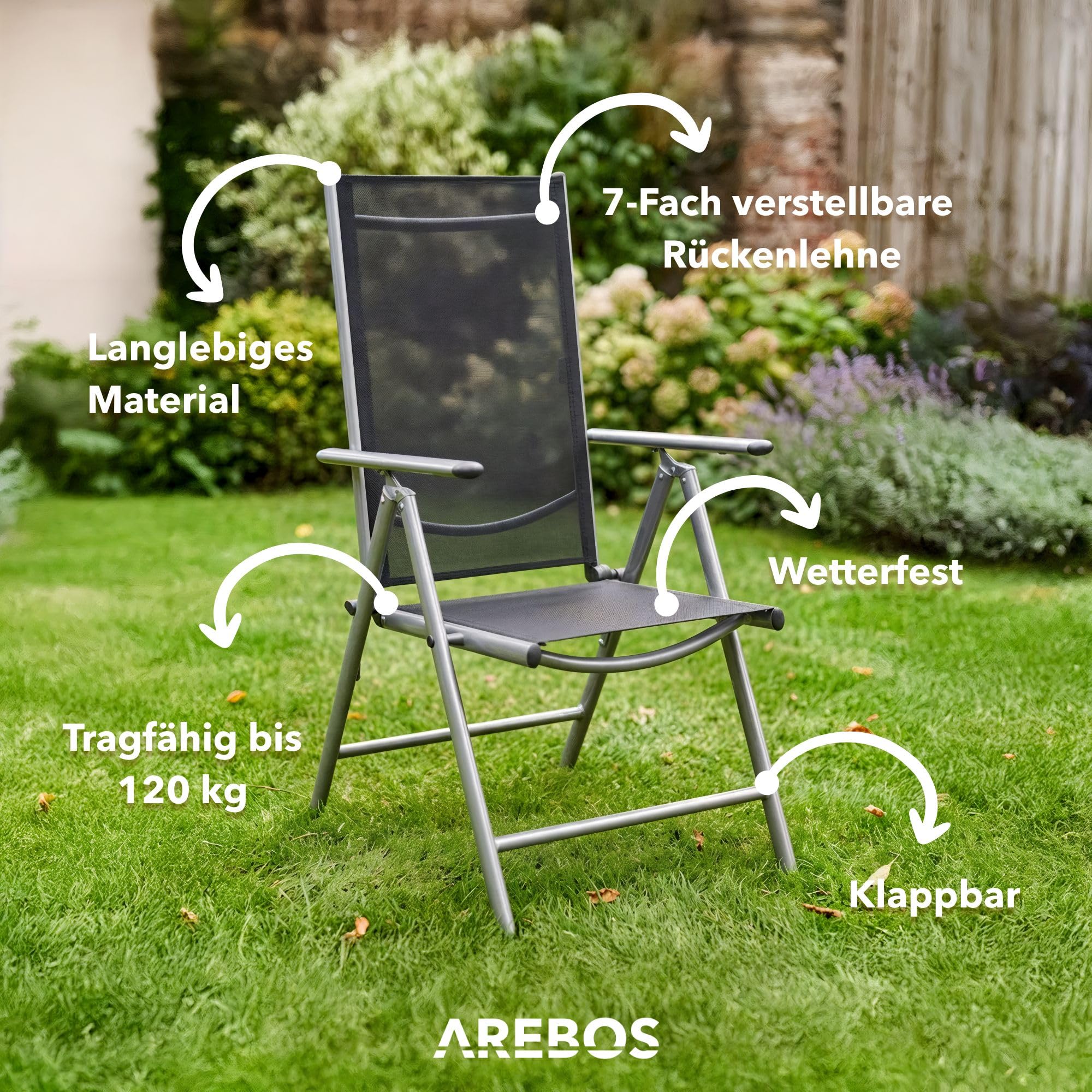 Arebos Gartenstuhl Hochlehner klappbar 2er Set | 7-Fach verstellbare Rückenlehne bis 150° | Balkonstuhl aus Aluminium | Wetterfest & UV-beständig | Bis 120 kg belastbar | Gartenstühle Hochlehner
