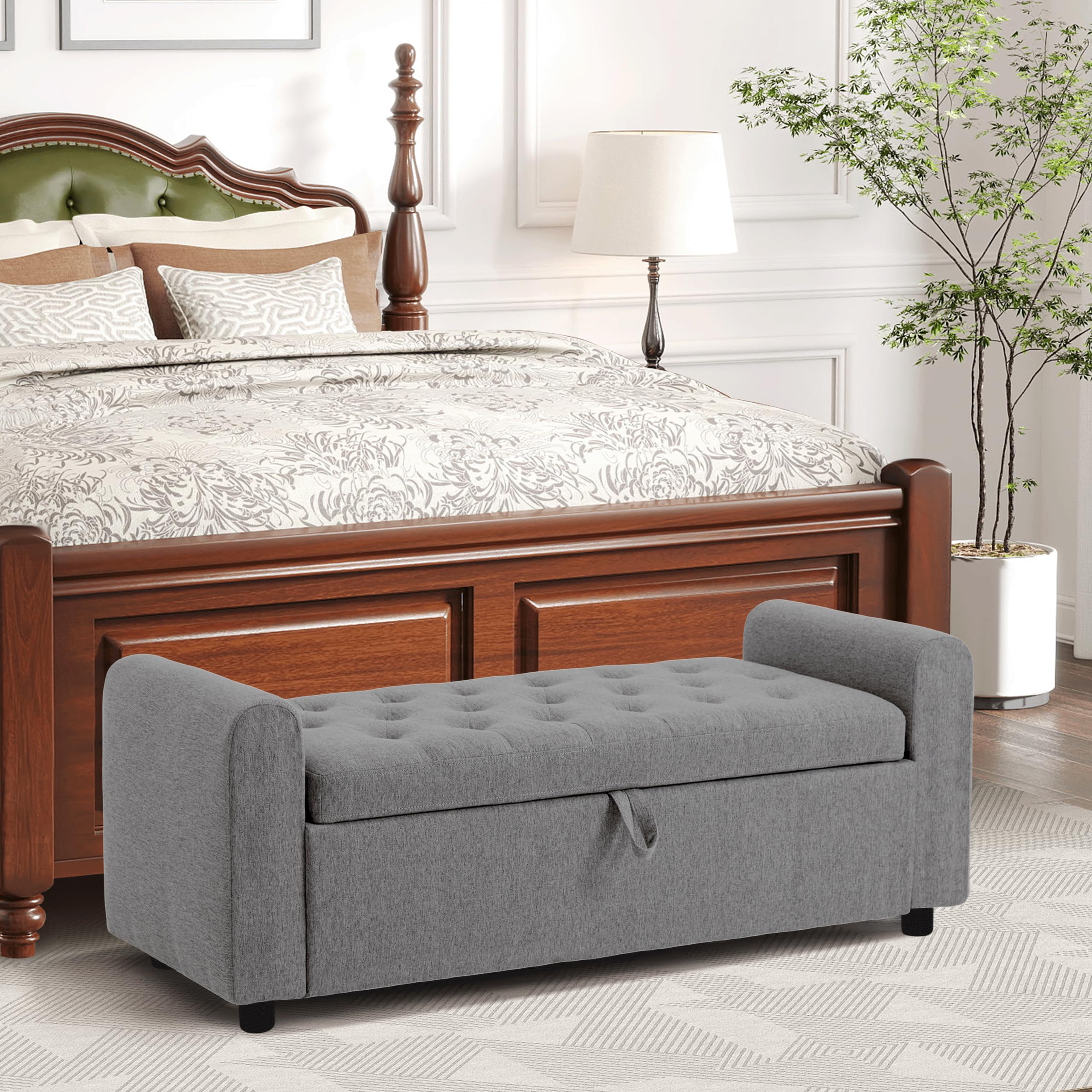 Ottoman with Storage, Tufted Storage Bench for Bedroom, 48" Fabrics End of Bed Bench, Upholstered Entryway Shoe Benches with Rolled Arm & Inner Zipper