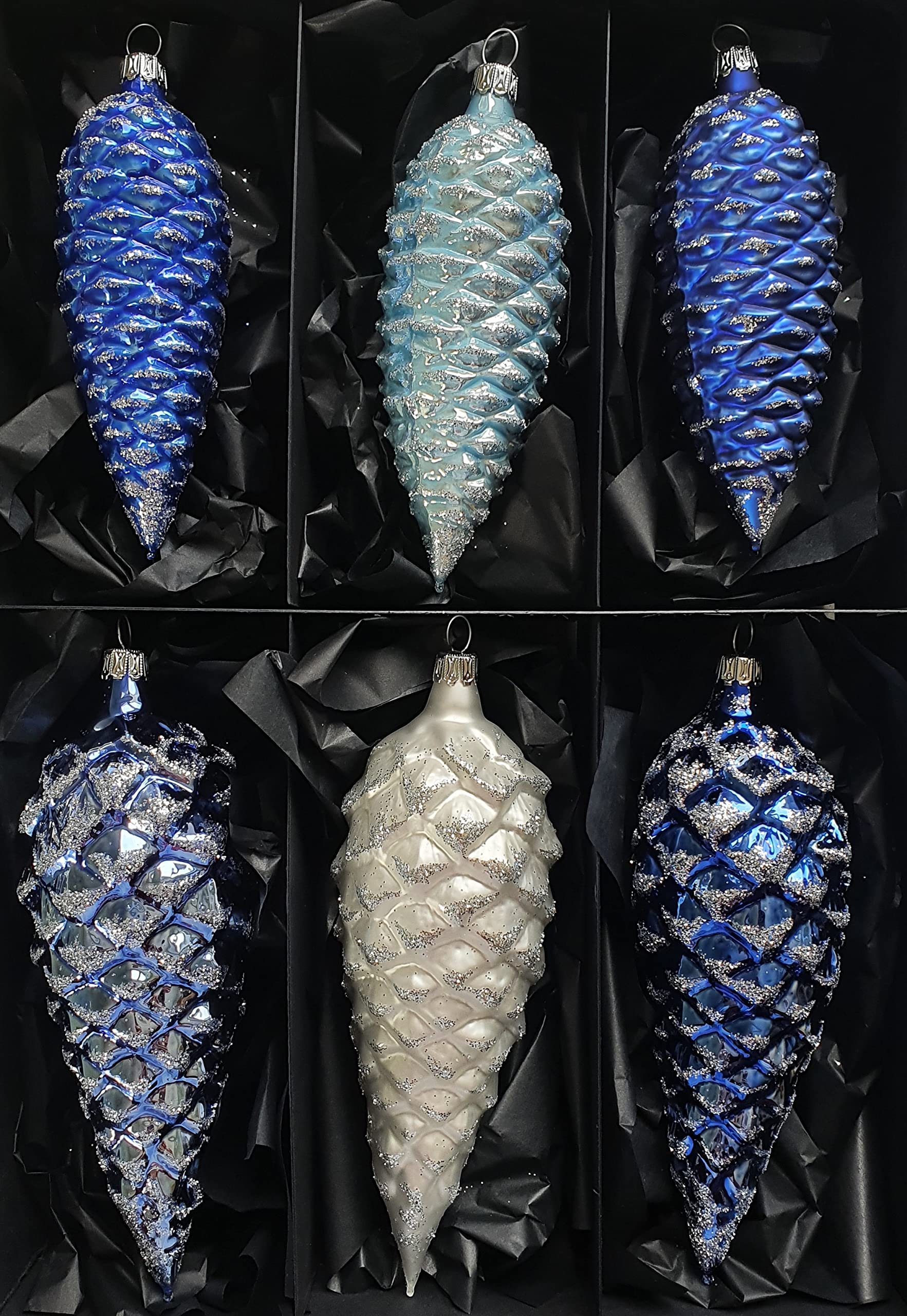 Thüringer Christbaumschmuck Exclusiv BLAU Weiss Mix Zapfen 12+16cm Handarbeit Germany 6er Set