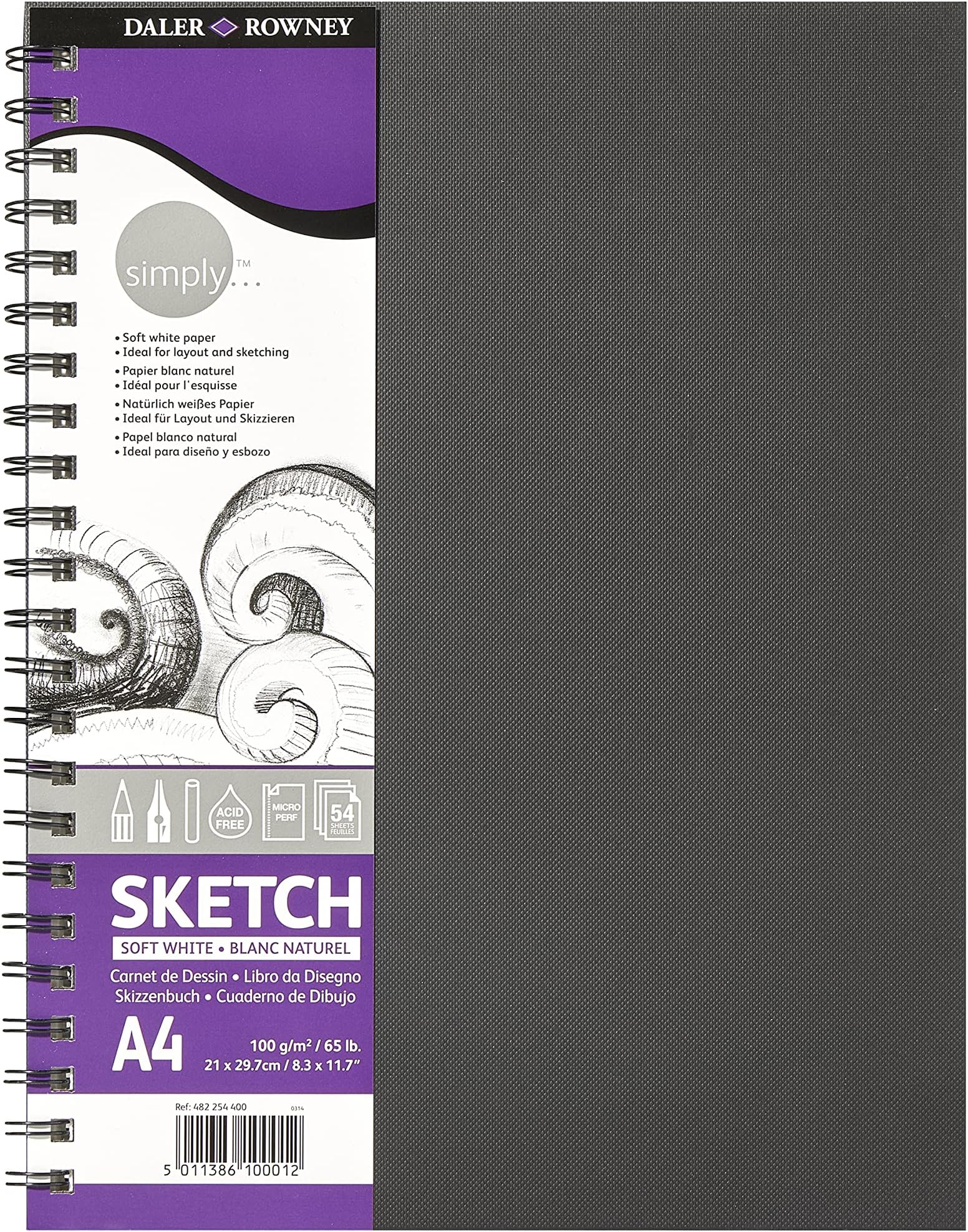 Daler-Rowney Simply Medium Grain 100gsm A4 Hardback Spiral Bound Sketchbook, 54 Soft White Sheets, For Entry-Level Artists & Hobbyists