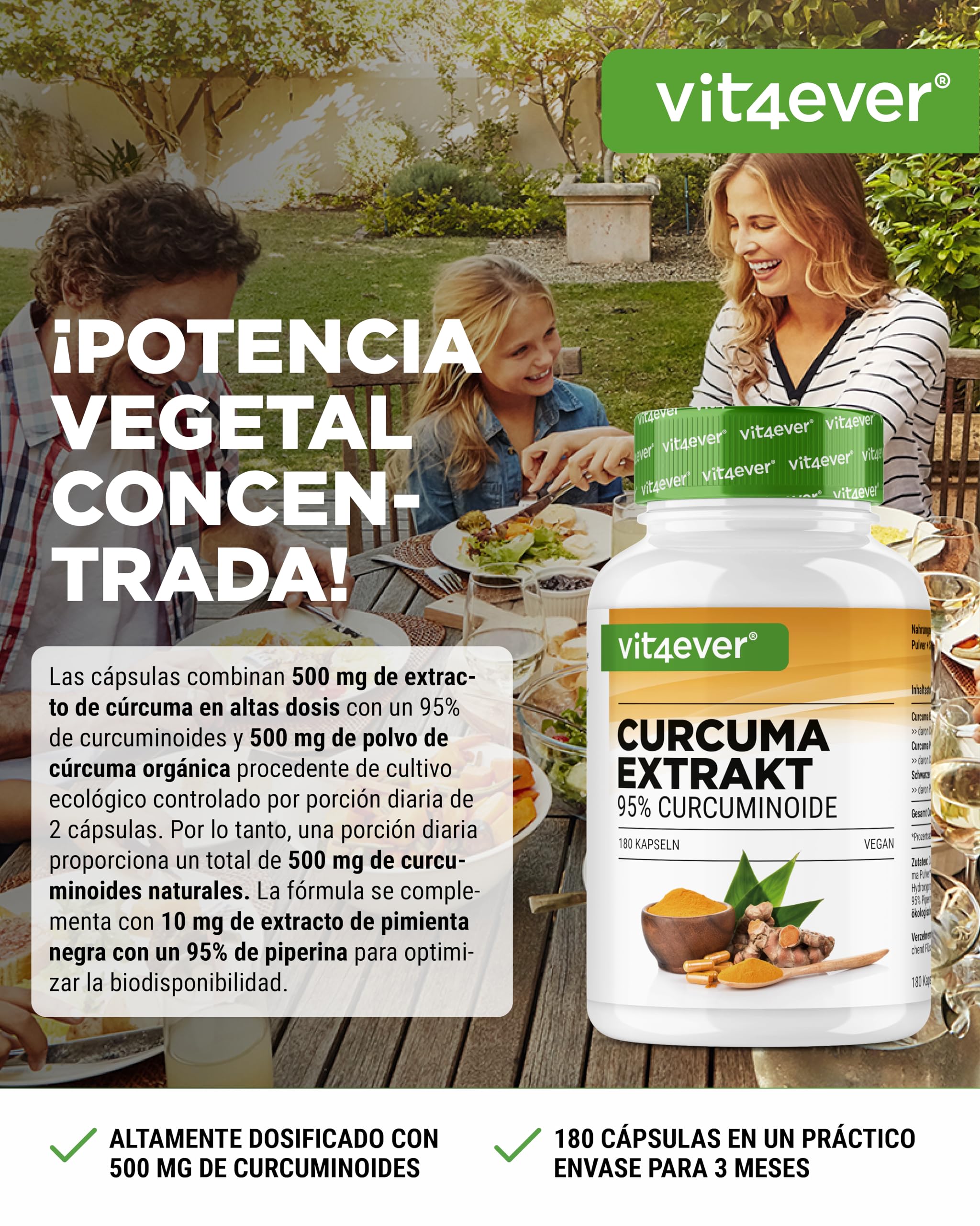 Extracto de cúrcuma - 180 cápsulas - Alta dosis con 500 mg de curcumina por dosis diaria - Con un 90% de contenido en curcumina - Sin aditivos indeseables, vegano