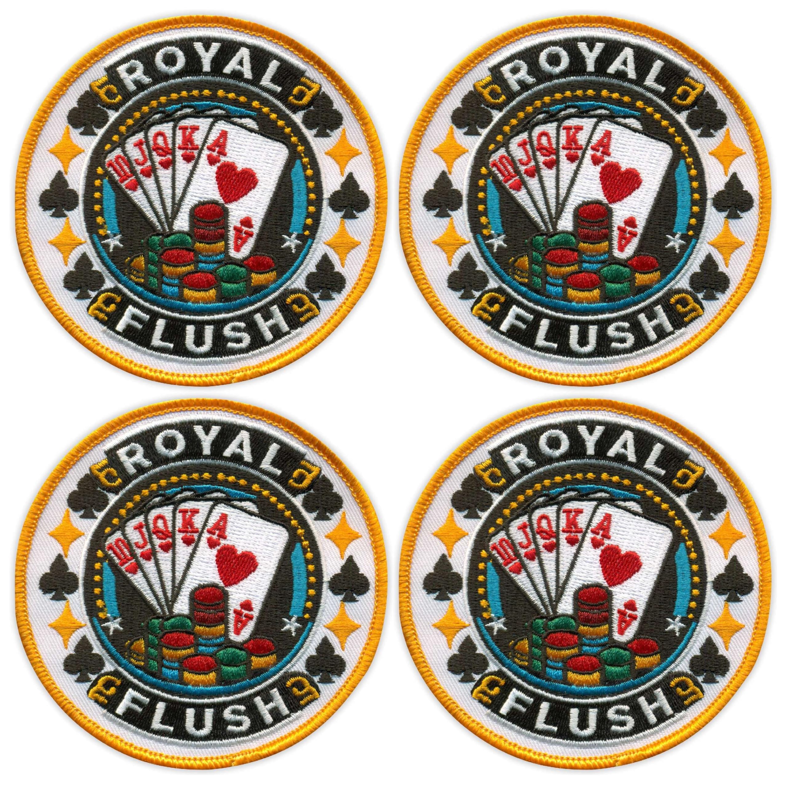 Set di 4 toppe ricamate con scritta "Poker", Royal Flush, forma rotonda, termoadesivo/termoadesivo