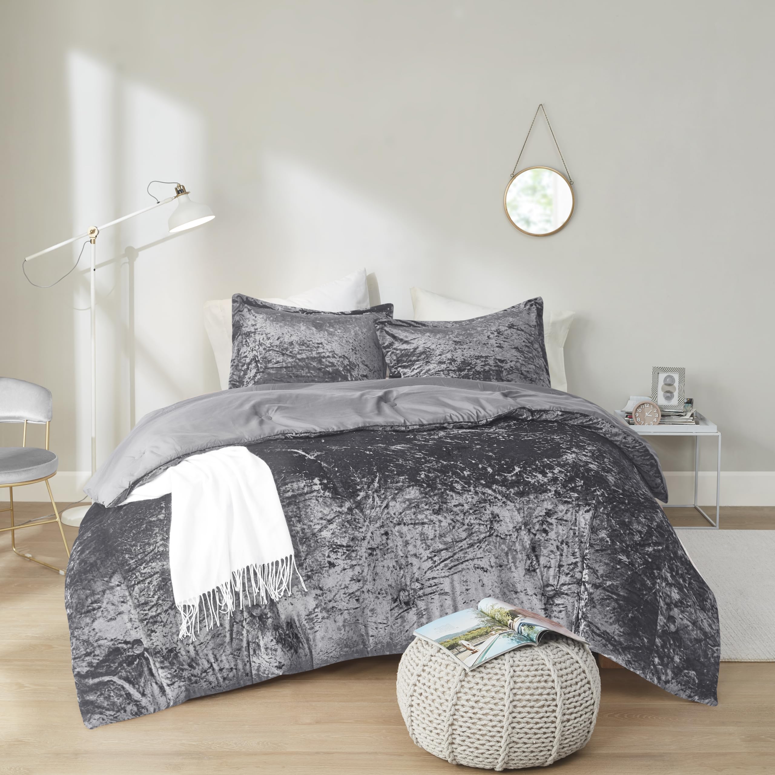 Comfort Spaces Juliette Luxe Comforter Set Velvet Lush with Soft Brushed Microfiber Reverse, All Season Cozy Velvet Bedding Sets, Fluffy Comforter Bed Set, Matching Sham, Grey Twin/Twin XL 2 Piece