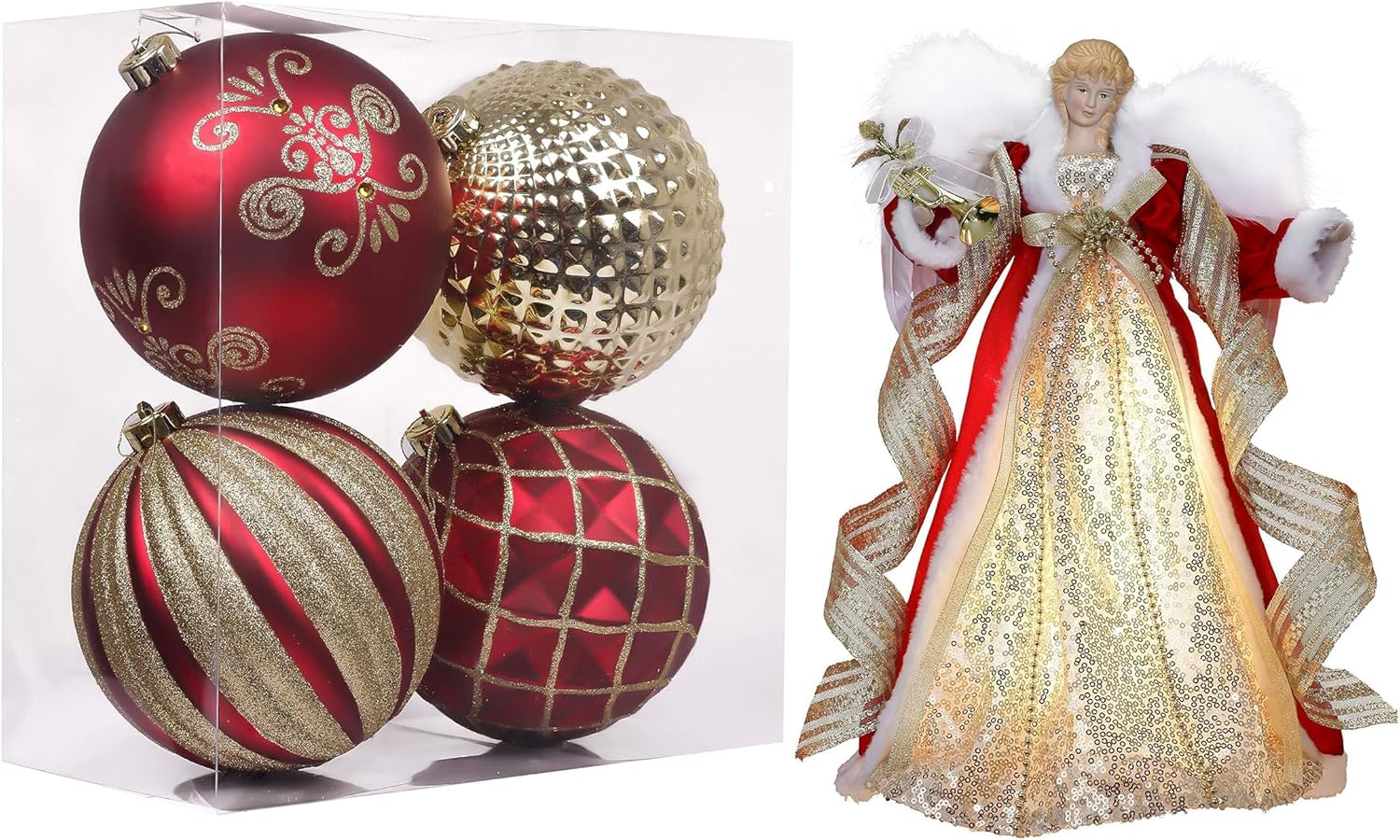 Valery Madelyn Ornaments for Christmas Trees, 4ct Red and Gold Shatterproof Christmas Tree Decorations&Christmas Angel Tree Topper with Timer(2 Items Buddle)