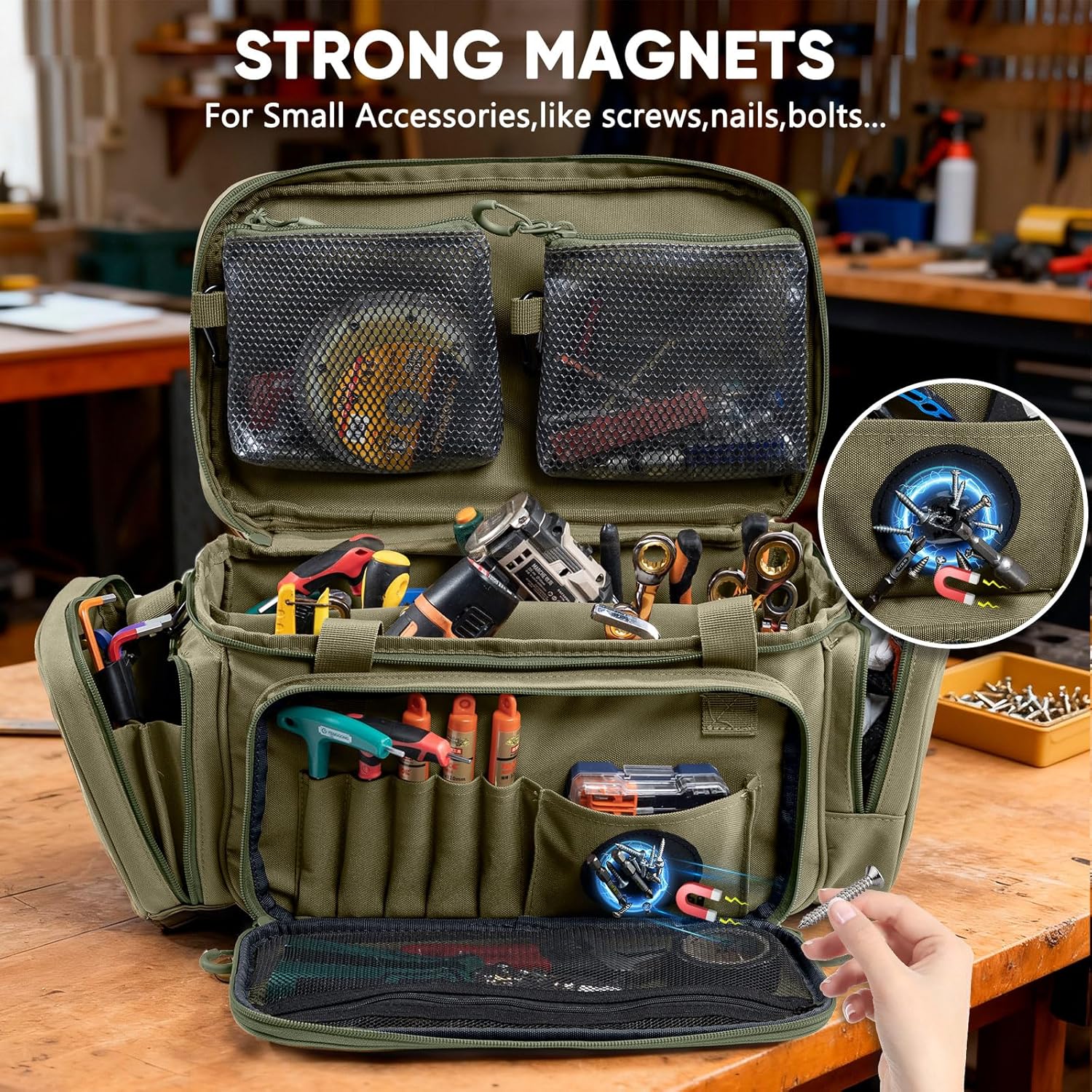 Heavy Duty Tool Bag Organizer with Strong Magnets & Detachable Pouches, Tactical Tool Tote for Men, Multiple Pockets, Anti-Friction Bottom Utility Tool's Bag for Electrician,Mechanic