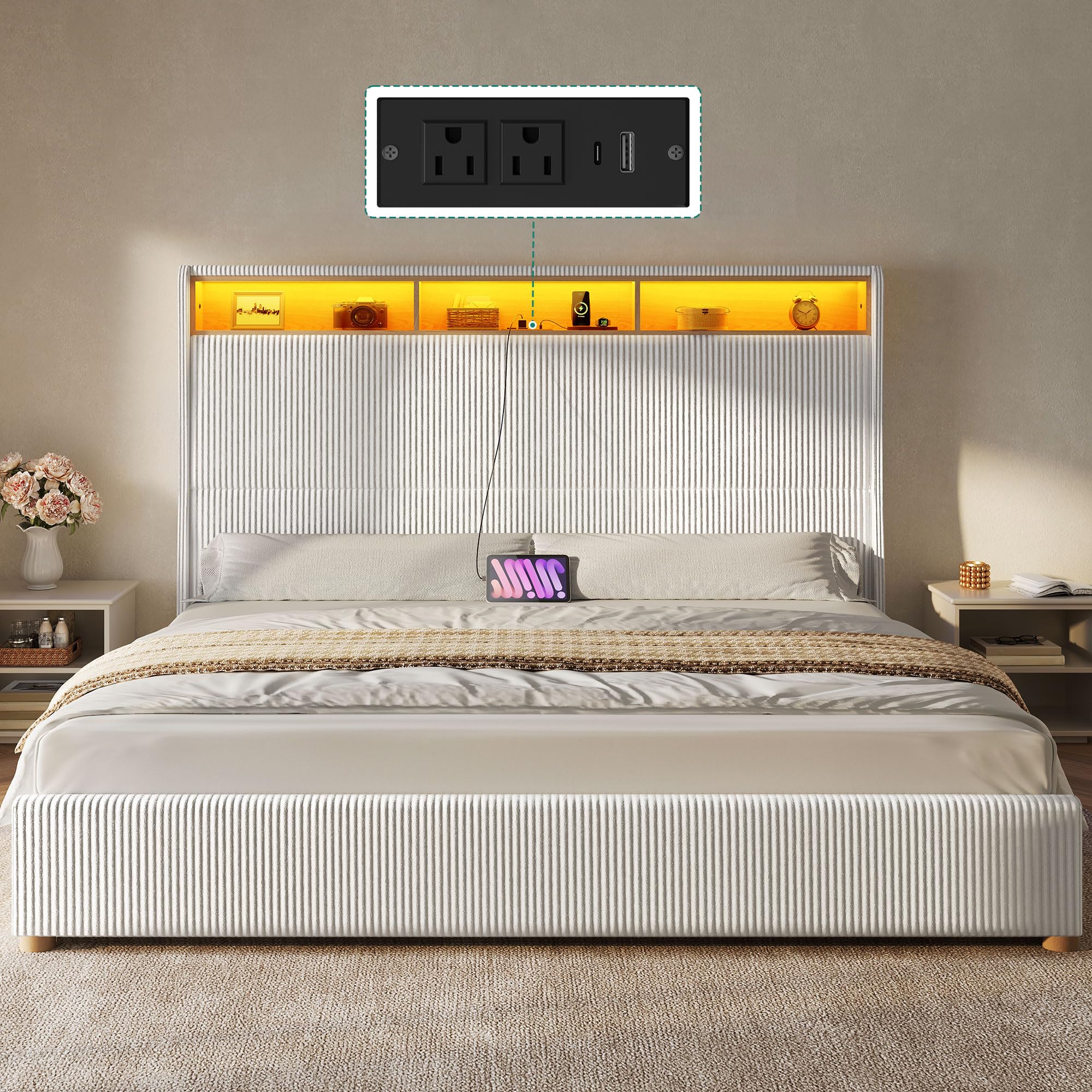 DWVO King Size Corduroy Upholstered Platform Bed Frame with Charging Station and RGB LED Lights, 53’’ Tall Storage Wingback Headboard, No Box Spring