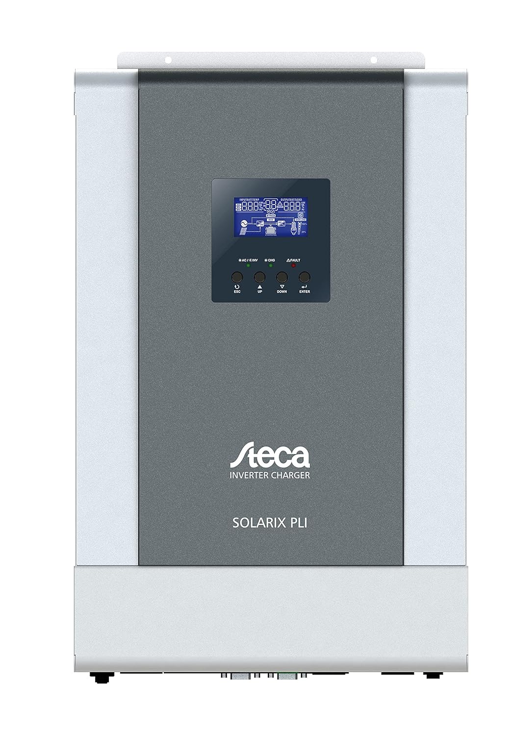 ముందు view of the Steca Solarix PLI hybrid inverter showing the display and control buttons.