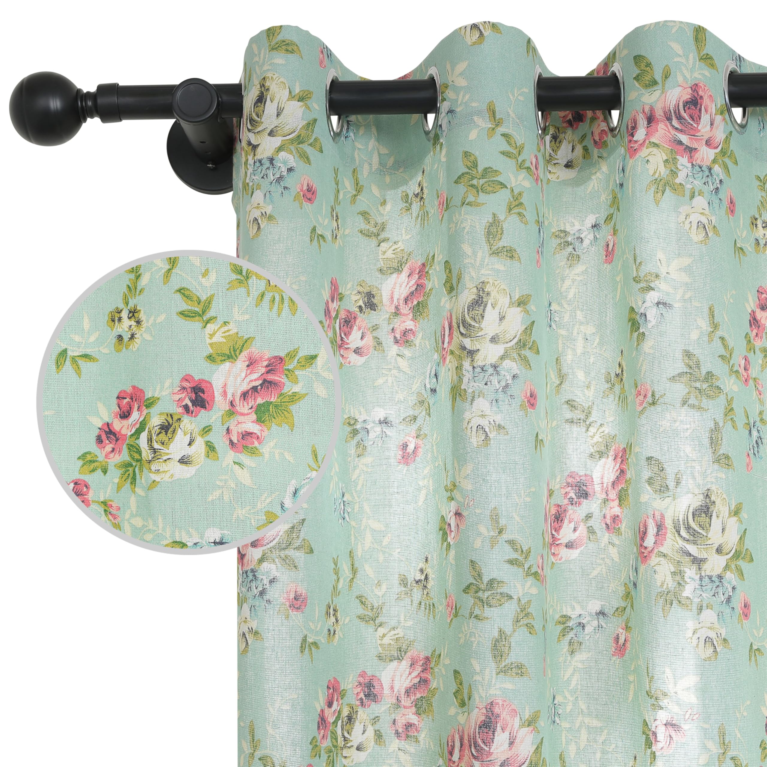 Bentrilisa Floral Linen Curtains 72 Inches Long Farmhouse Light Filtering Bedroom Window Treatments Vintage Leaves and Flower Print on Green Window