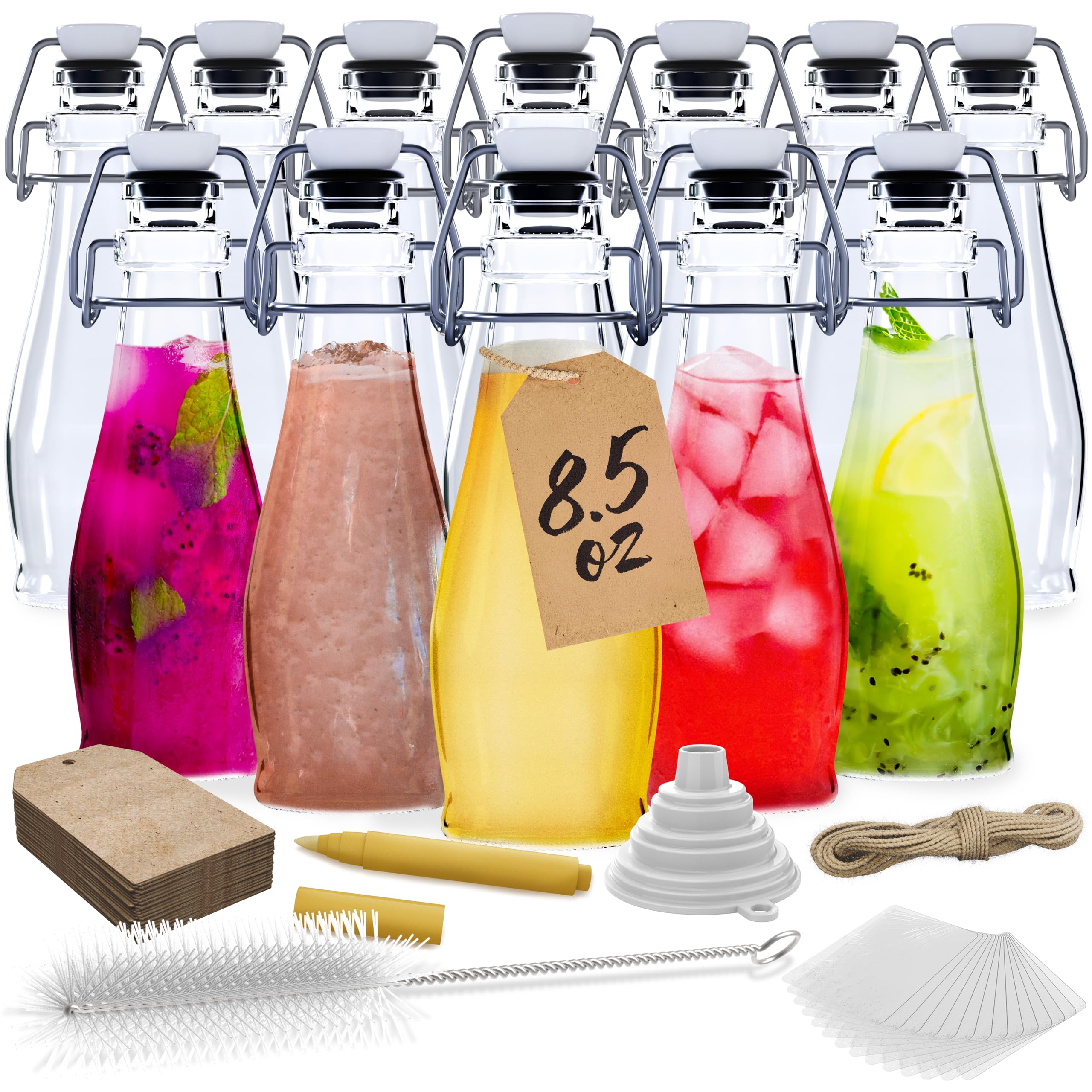 Nevlers Paquete de 12 botellas de vidrio con tapa abatible de 250 ml, botellas de vidrio transparentes con tapa, embudo plegable, cepillo de limpieza y marcador dorado, para uso como tarros de