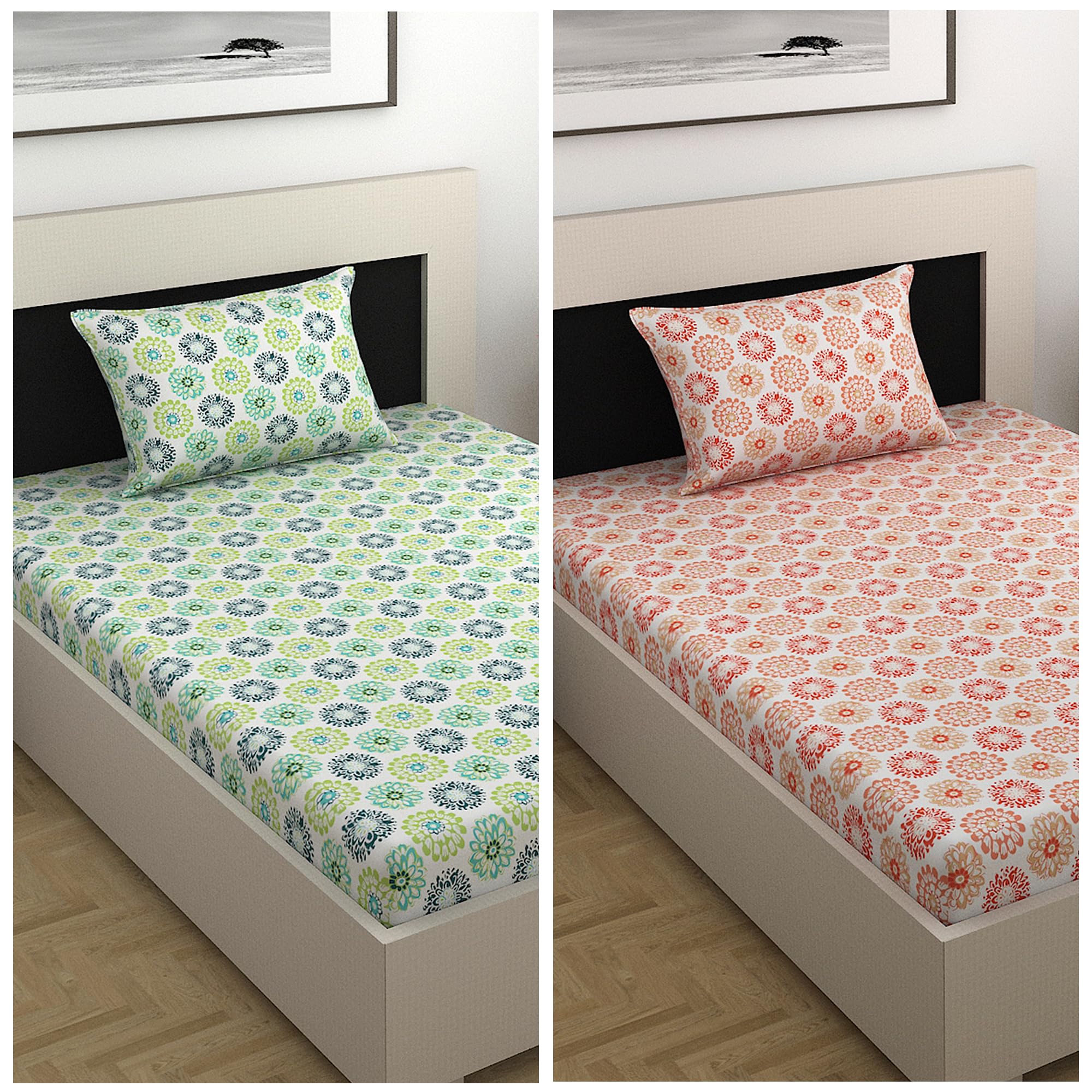 Divine Casa 144 TC Floral Printed 100% Cotton Set of 2 Combo Single Bedsheet with 2 Pillow Cover - 145 x 223 CM