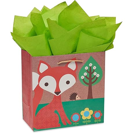 Papyrus 9” Medium Gift Bag with Tissue Paper (Fox) for Baby Showers or Birthdays
