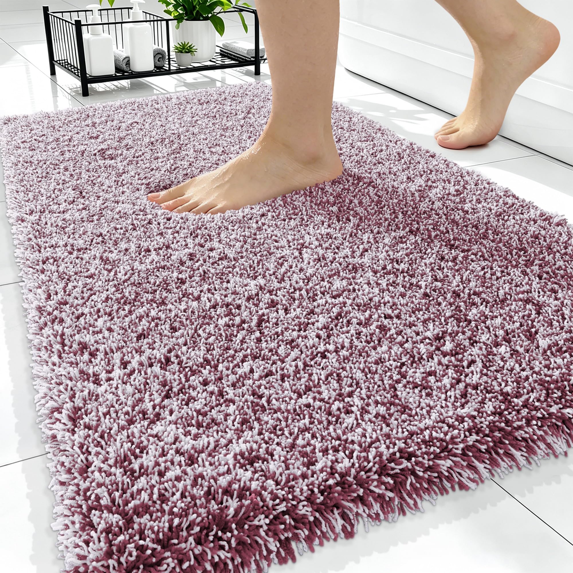 OLANLY Microfiber Bathroom Rugs 34x21, Quick Dry Mat, Burgundy and White