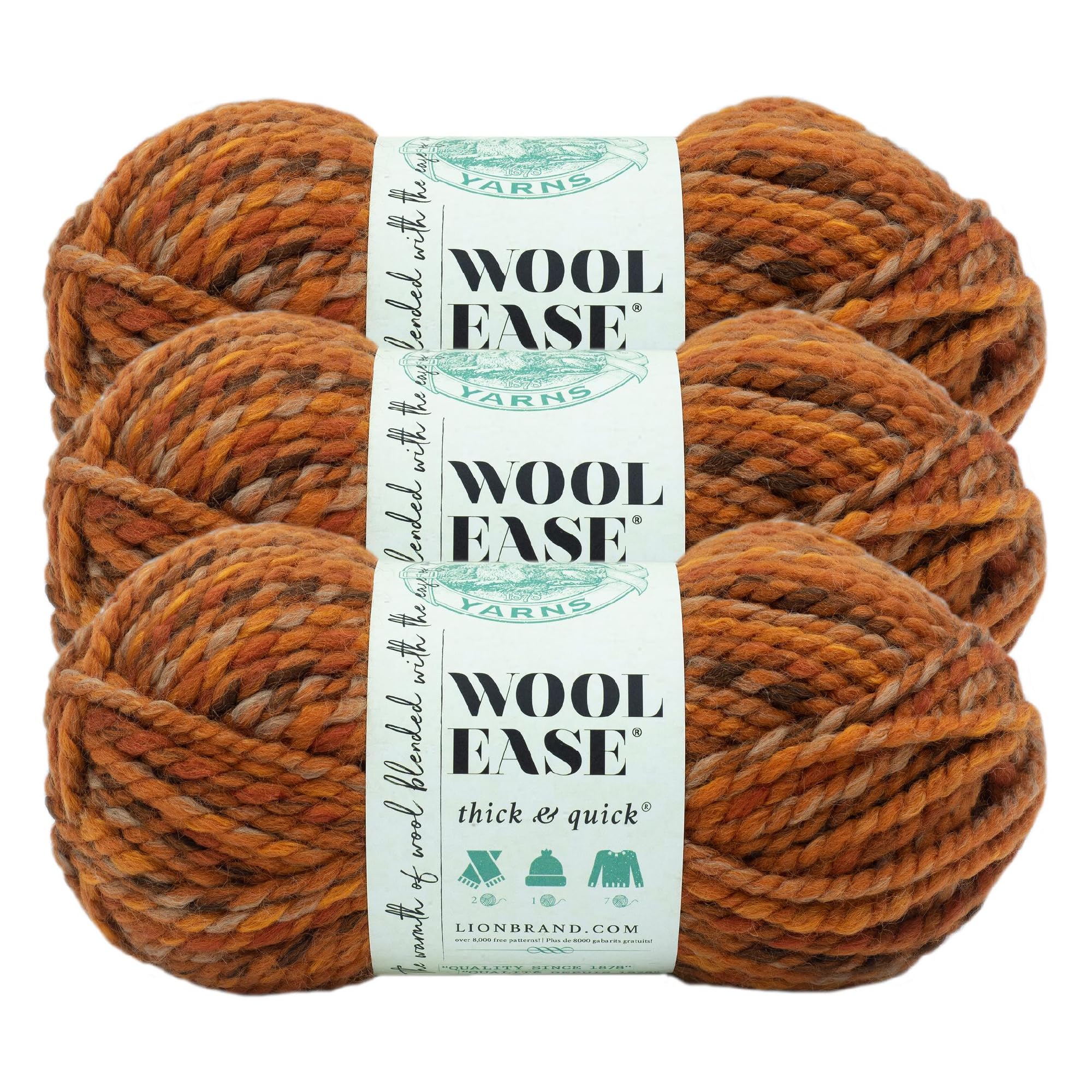 Lion Brand Yarn, Wool-Ease Thick &amp; Quick Yarn, Fall Leaves, Orange, 3 Pack