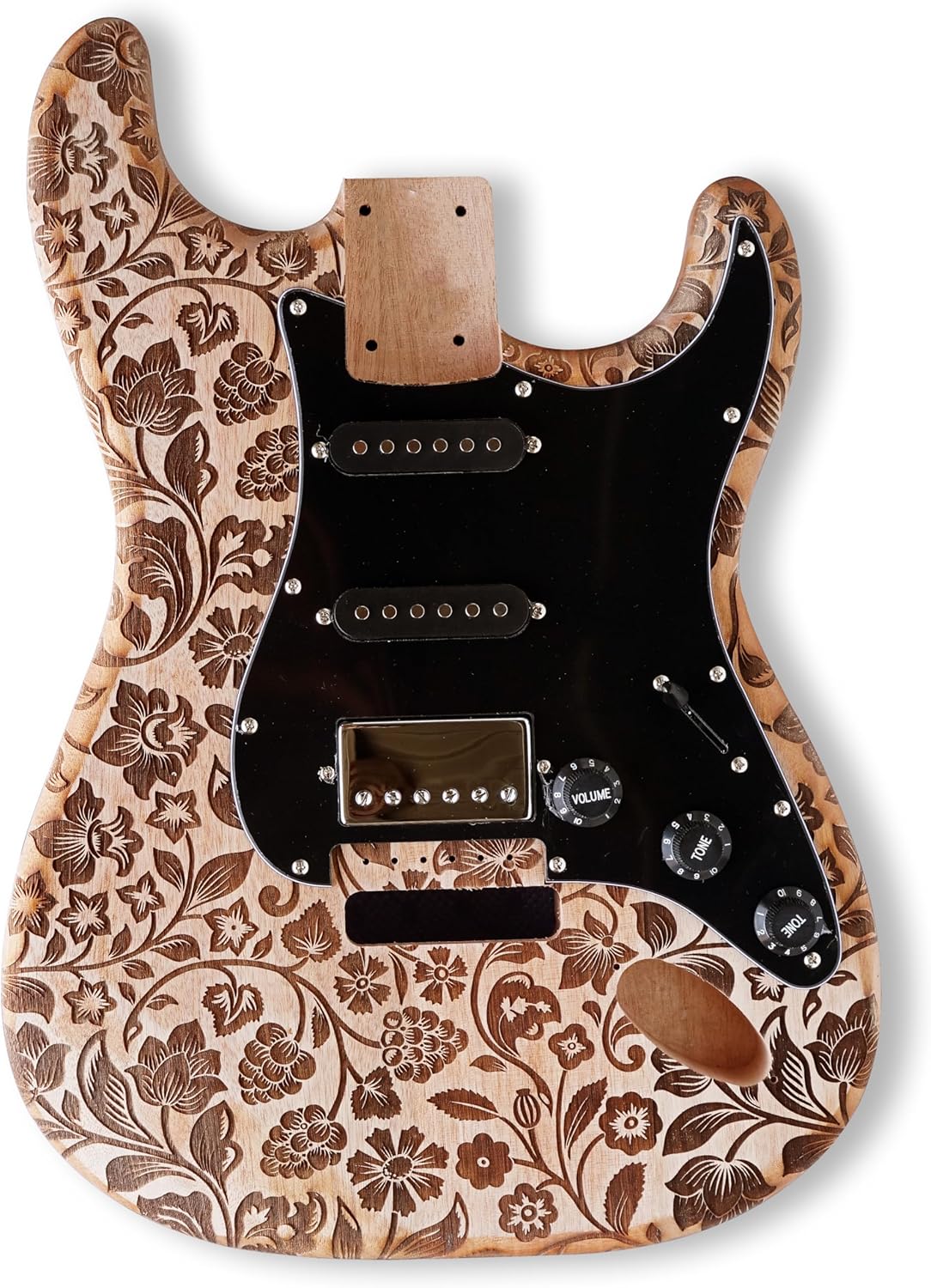 BexGears DIY ST Style Electric Guitar Kits, engraved surface natural color Mahogany Body maple neck & composite ebony fingerboard S-S-H pickup