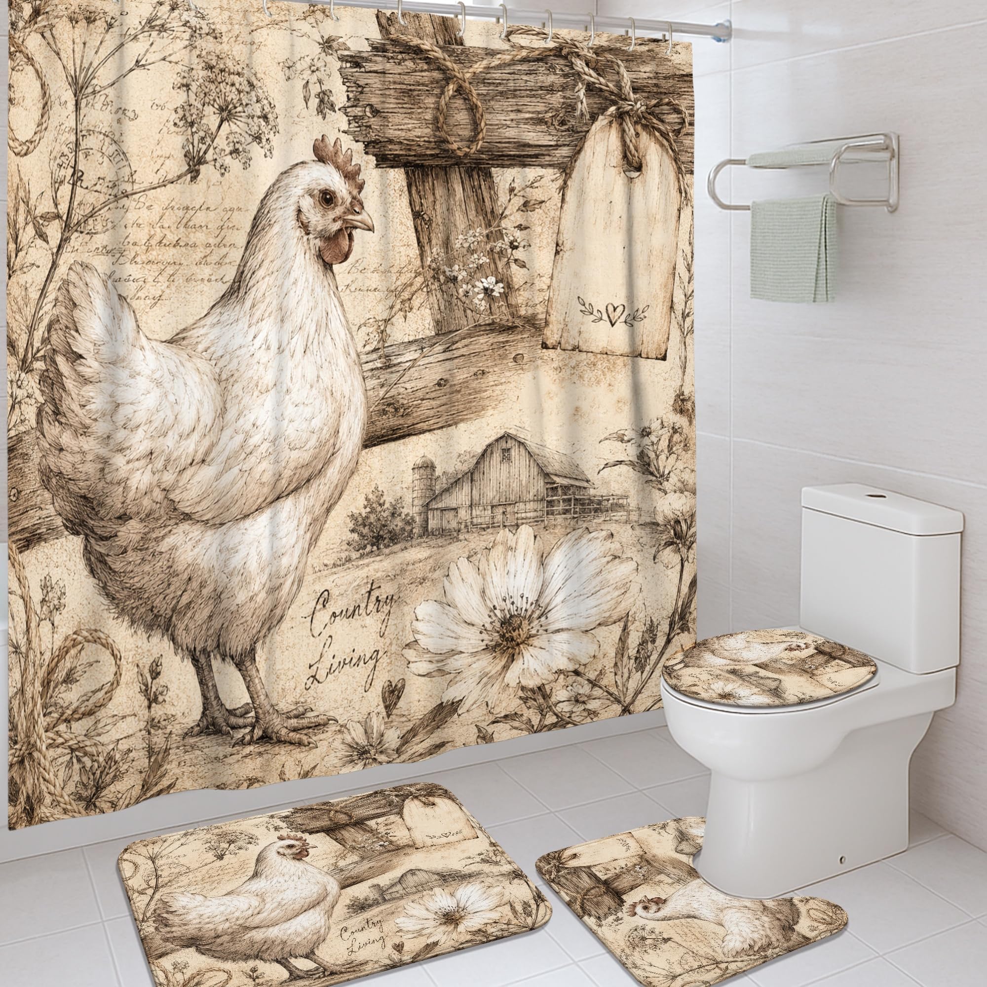 Rideau de douche de qualité supérieure en tissu texturé motif poulet et flore automnale