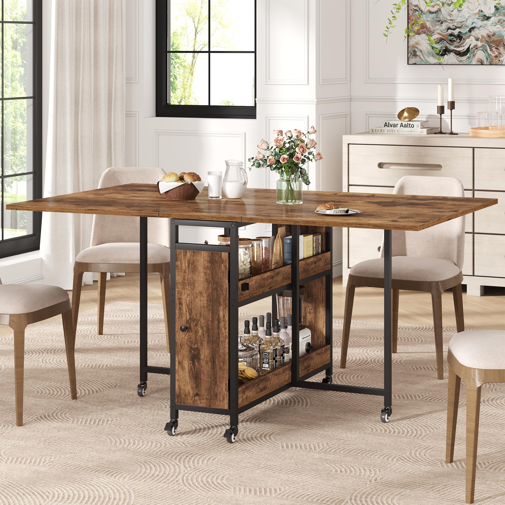 HSH Klappbarer Esstisch Klapptisch Küche Mit Stauraum für Küche Küchentisch Klappbar mit 2 Regalen und Rollen Mobiler Tish Platzsparender für Wohnzimmer Wohnung Rustikales Braun 130cm