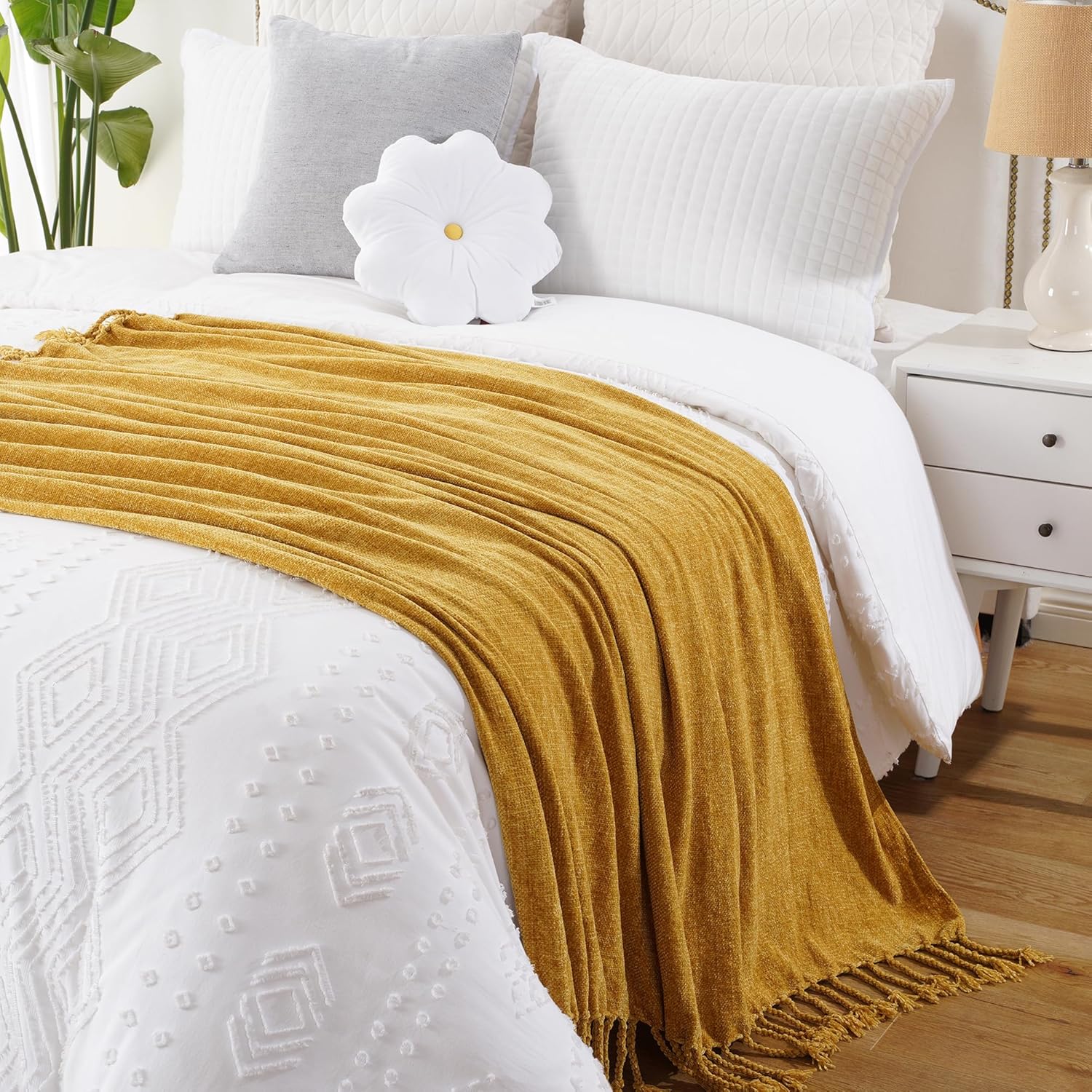 BATTILO HOME Mustard Yellow Throw Blanket for Couch Bed Sofa, Yellow Gold Chenille Throw for Spring Summer, Lightweight Knit Blanket for Home Decor, 50"x60" - Image 9