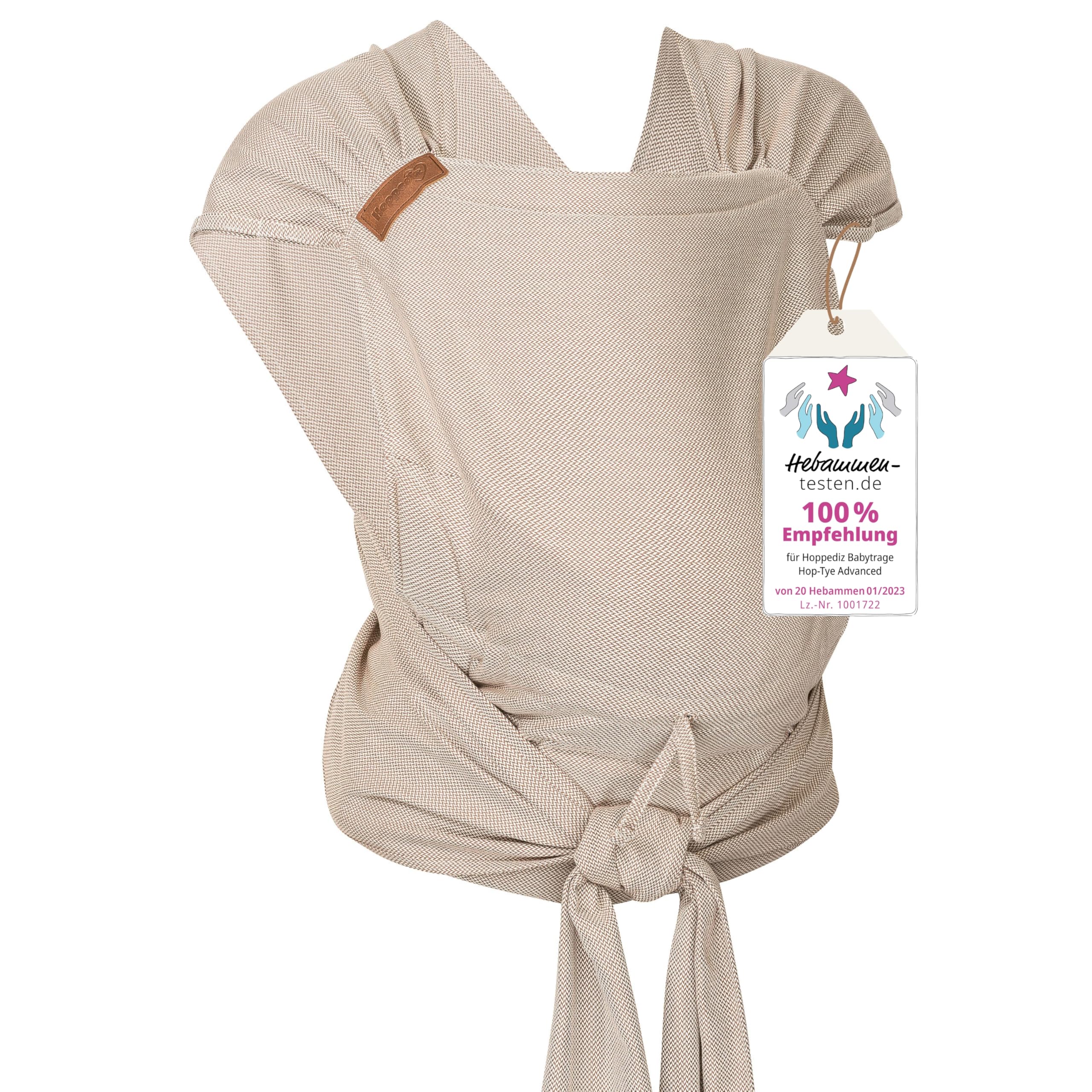 Hoppediz Hop-Tye Advanced - 4-in-1 Babytrage für Neugeborene ab Geburt - Halfbuckle Tragehilfe mit Tuchträgern - mitwachsend bis 20 kg - Design Djerba