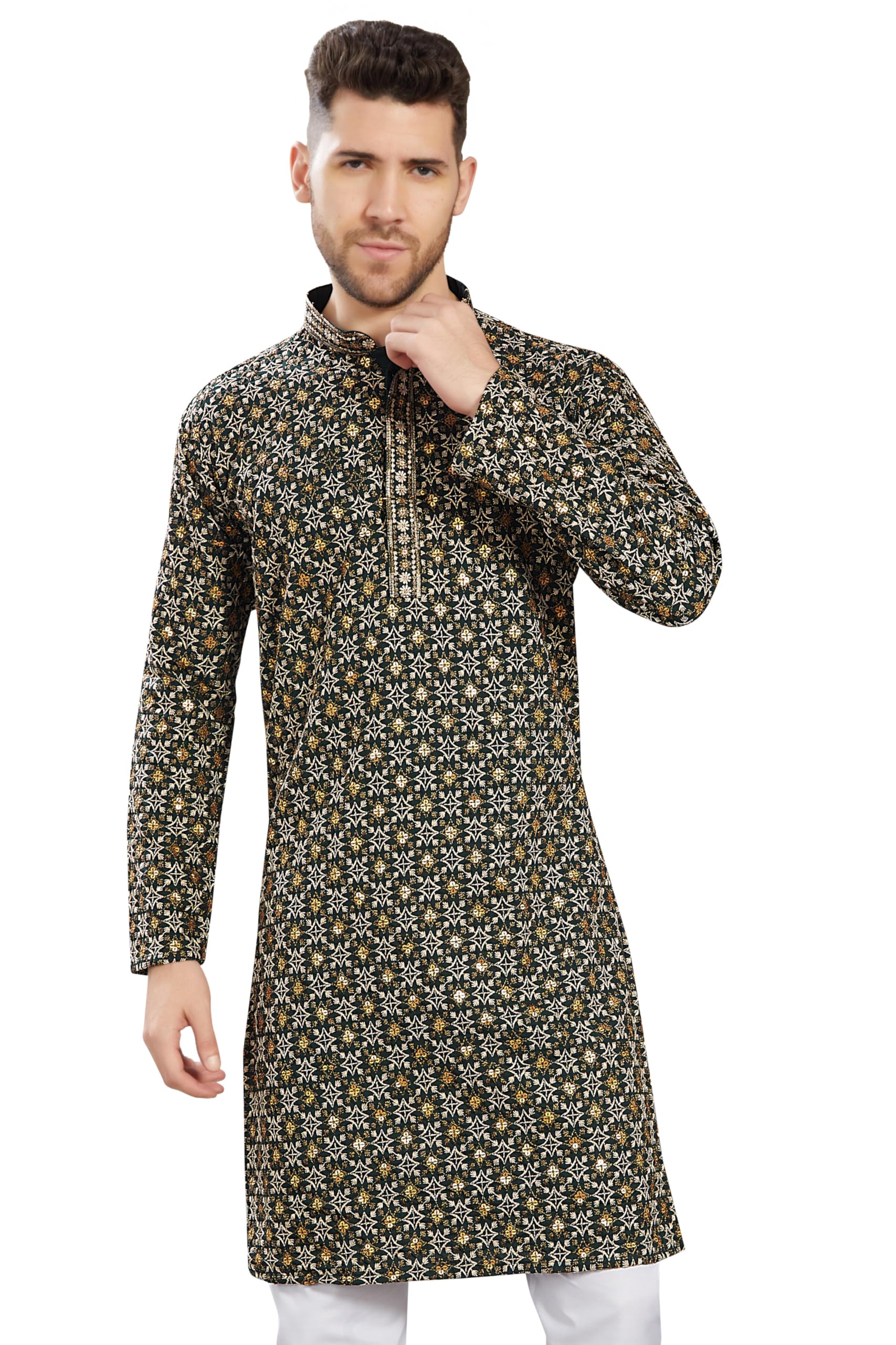 Divisive Men's Sequince Embroidered Cotton Blend Only Slim Fit Kurta (Dkrt751_Xxl_Green)