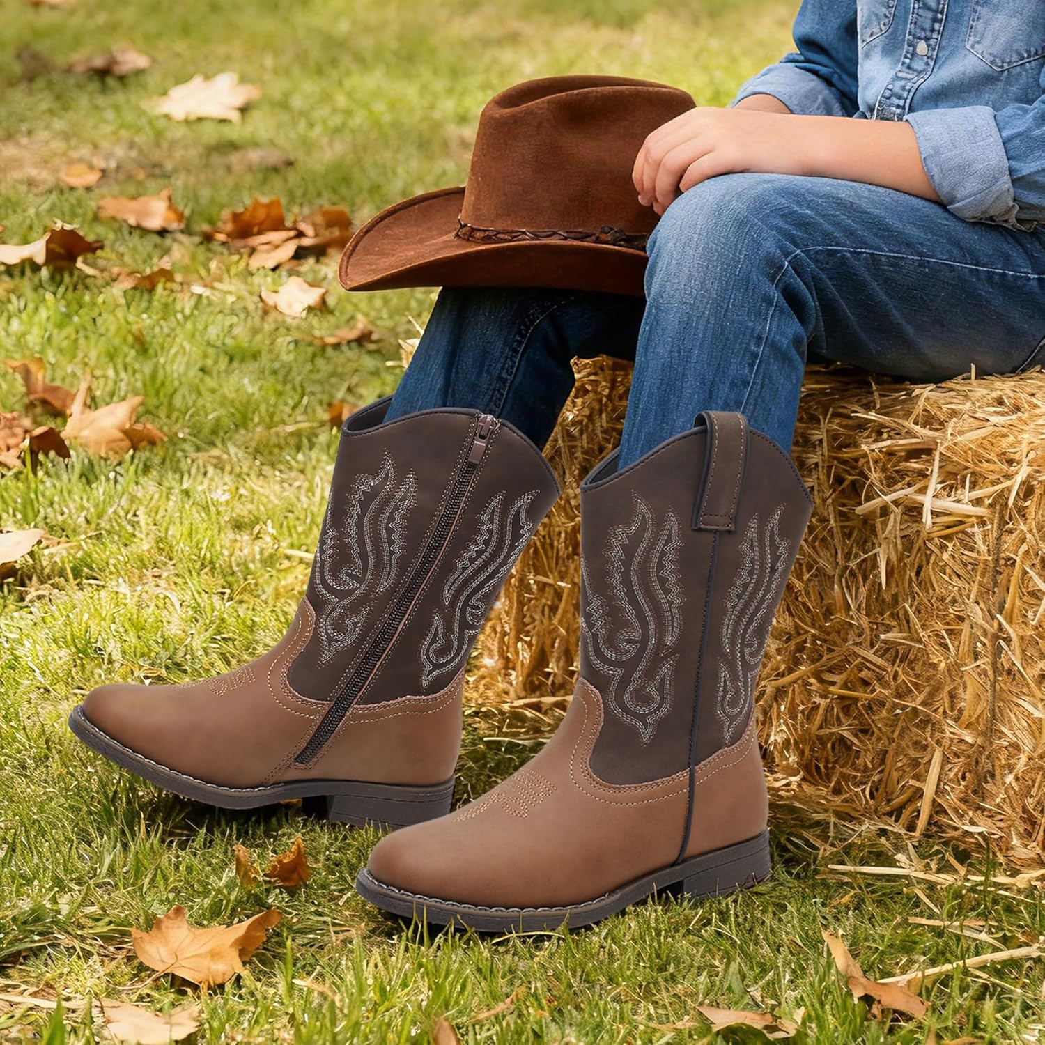 Ahannie Kids Cowboy Boots Boys Girls Square Toe Mid-Calf Cowgirl Western Boots with Side Zipper (Toddler/Little Kid/Big Kid)