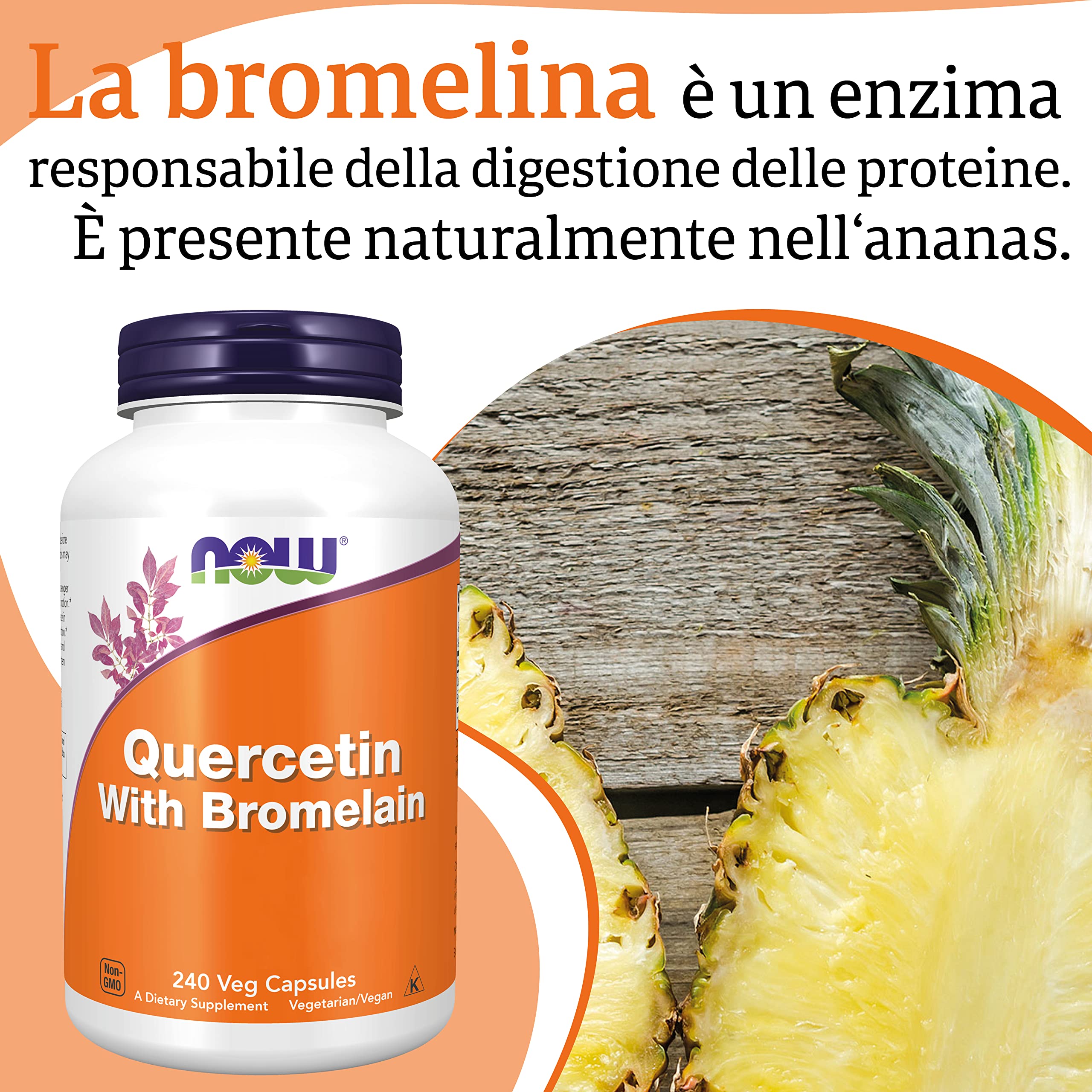 Now Foods Quercetin con bromelina, Altamente Dosato, 240 capsule Vegane, Testato in Laboratorio, Senza Soia, Senza Glutine, Vegetariano, Non-GMO