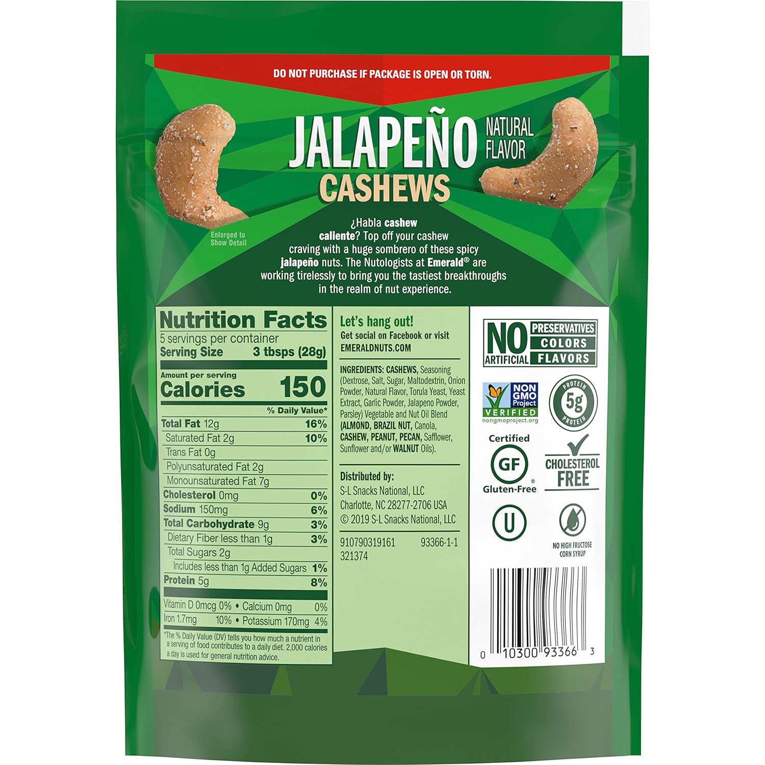 Emerald Jalapeño Cashews Stand Up Resealable Bag, 5 Ounce (Pack of 6)